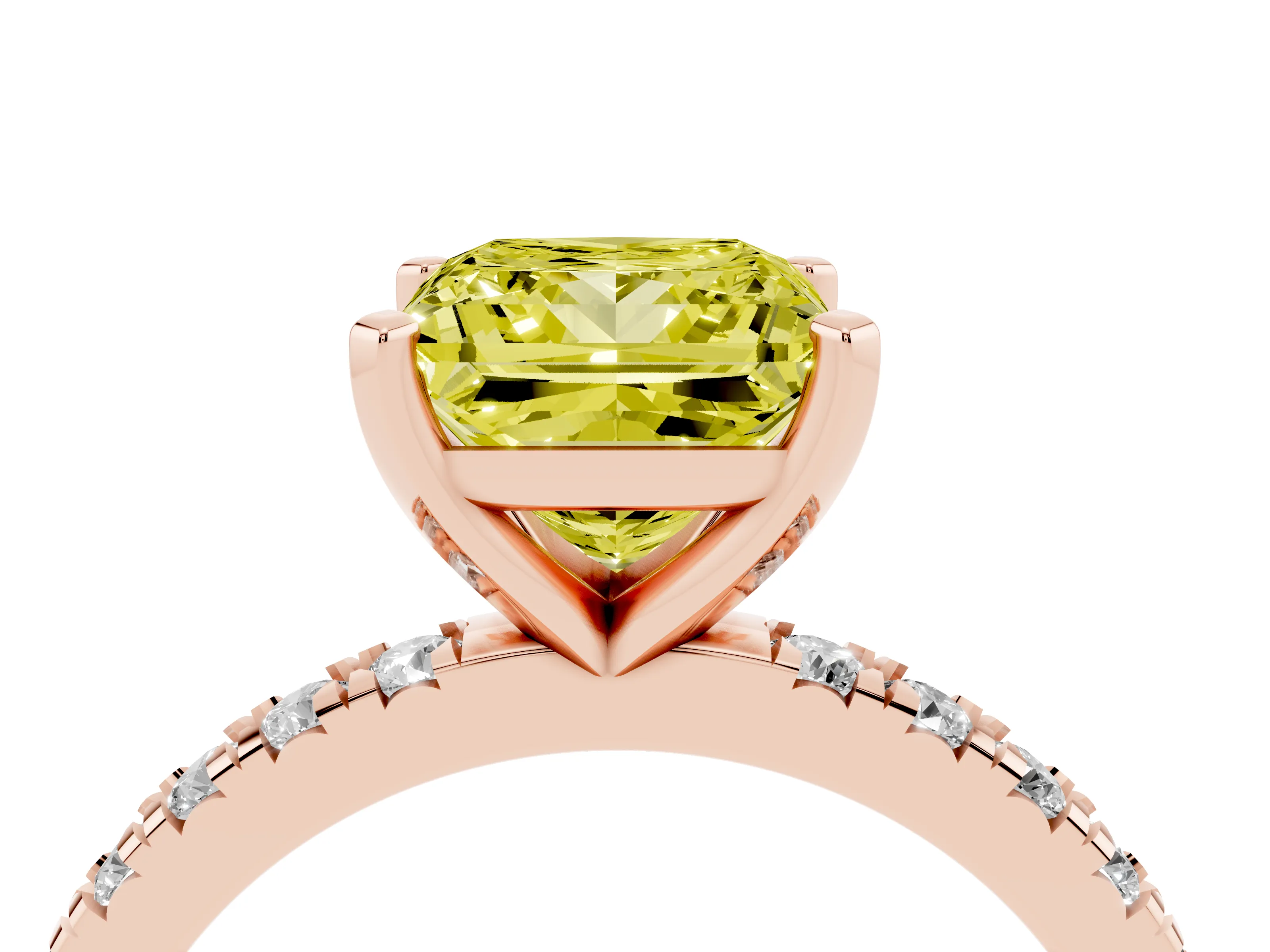Fancy Yellow Princess Cut Diamond Pavé Band Solitaire Set in Rose gold with Prong Setting