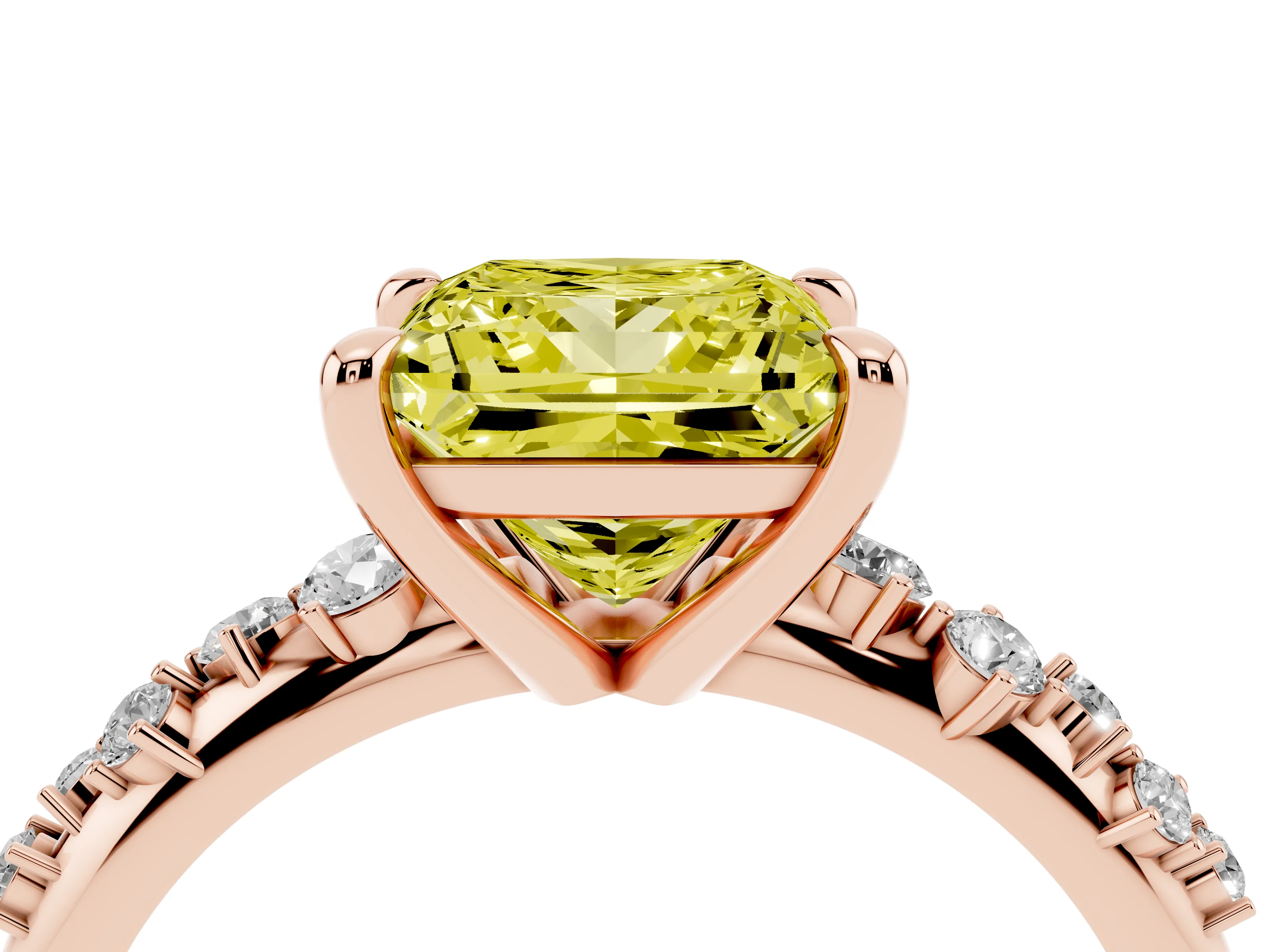 Fancy Yellow Princess Cut Diamond Solitaire Vine Band Ring Set in Rose gold with Round Accents and Prong Setting