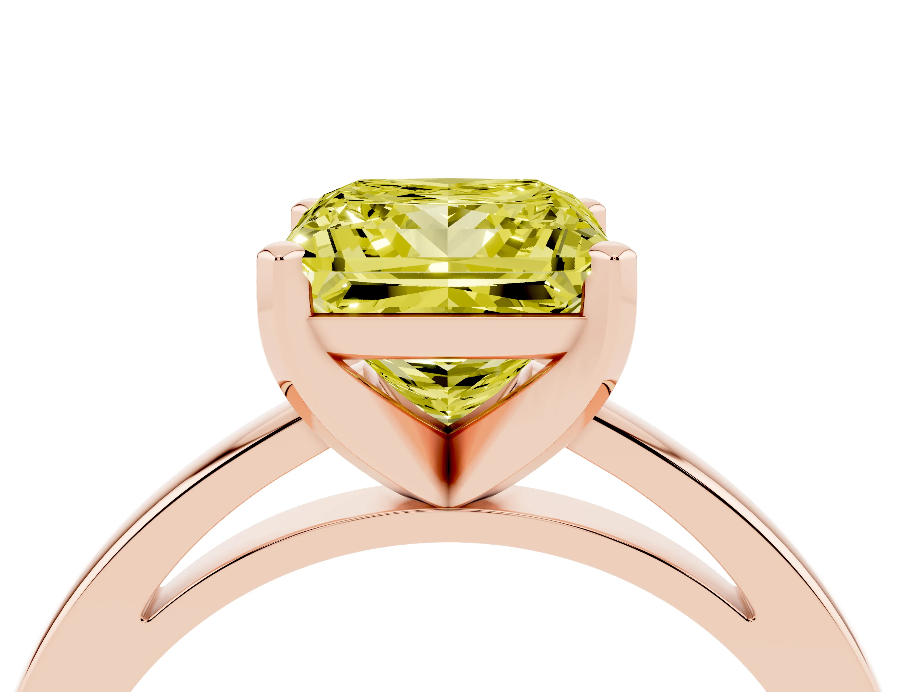 Fancy Yellow Princess Cut Diamond Solitaire Engagement Ring Set in Rose gold with Prong Setting on a Classic Band