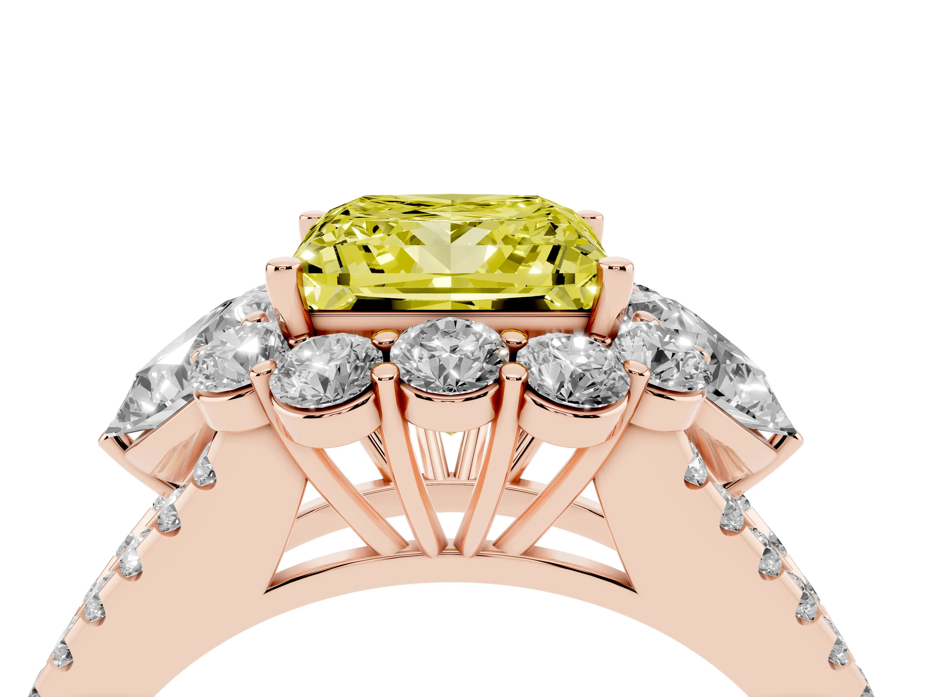 Fancy Yellow Princess Cut Diamond Halo Split Shank Engagement Ring Set in Rose gold with Prong-Held Center Stone