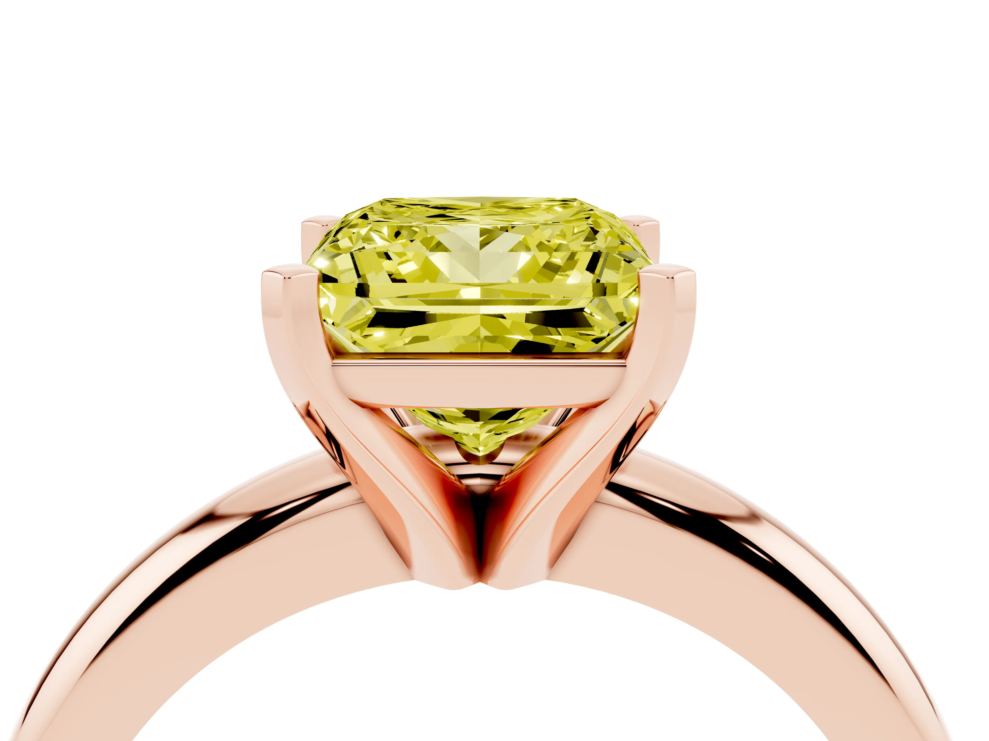 Fancy Yellow Princess Cut Diamond Solitaire Engagement Ring Set in Rose gold with Round Band and Prong Setting