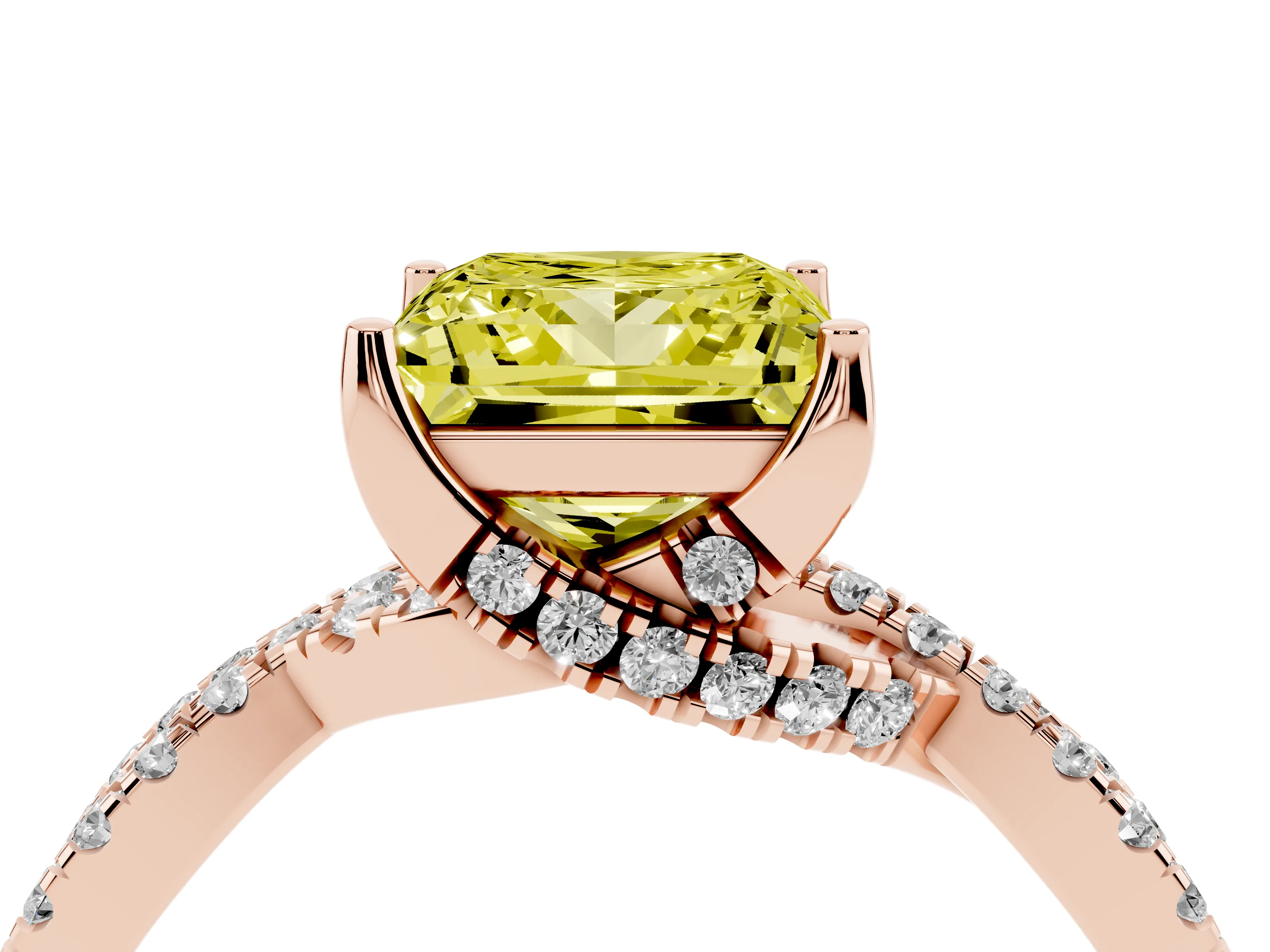 Fancy Yellow Princess Cut Diamond Twist Pavé Solitaire Engagement Ring Set in Rose gold with Prong Setting