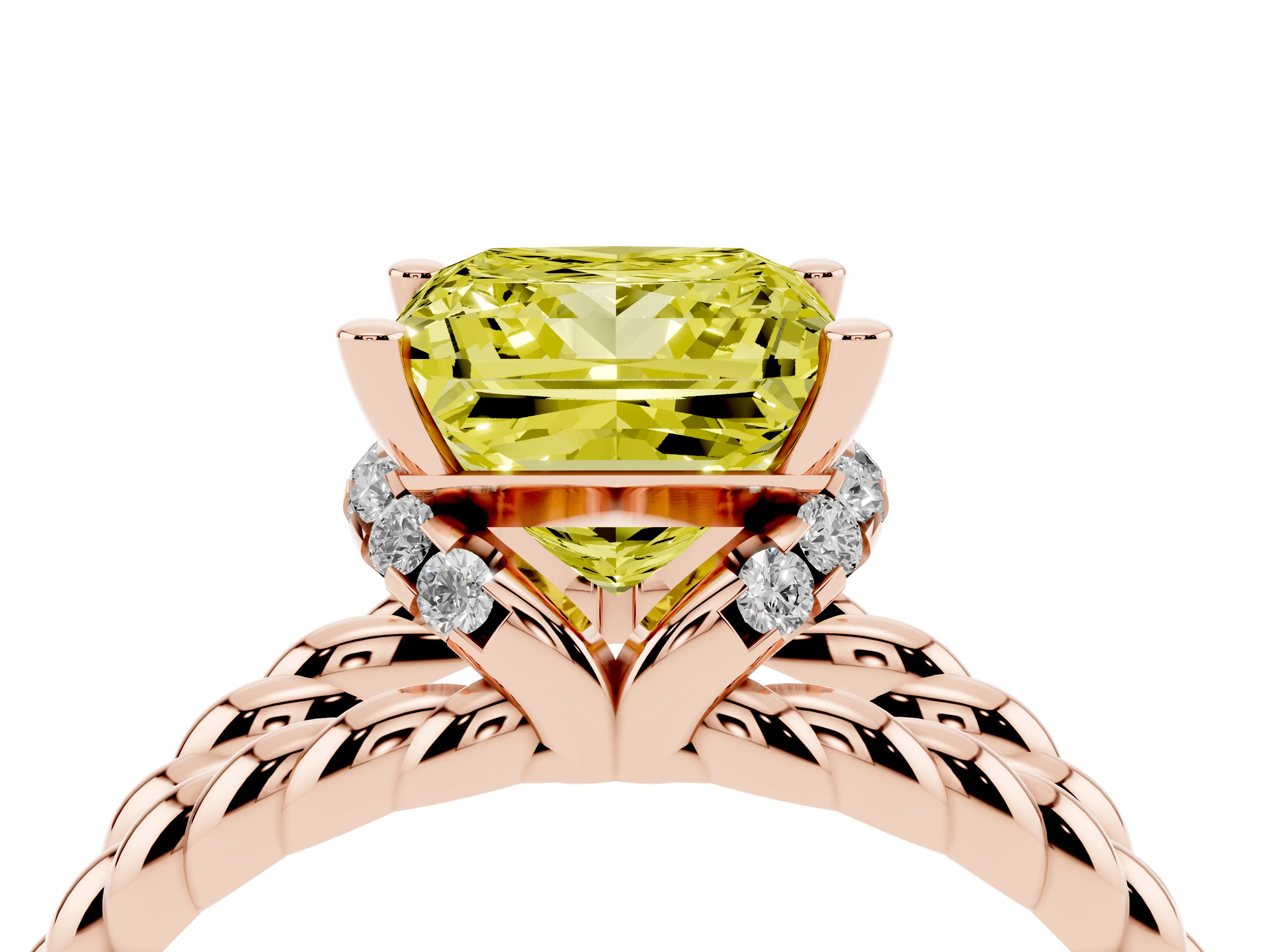 Fancy Yellow Princess Cut Diamond Halo Ring Set in Rose gold with Twisted Band and Prong Setting