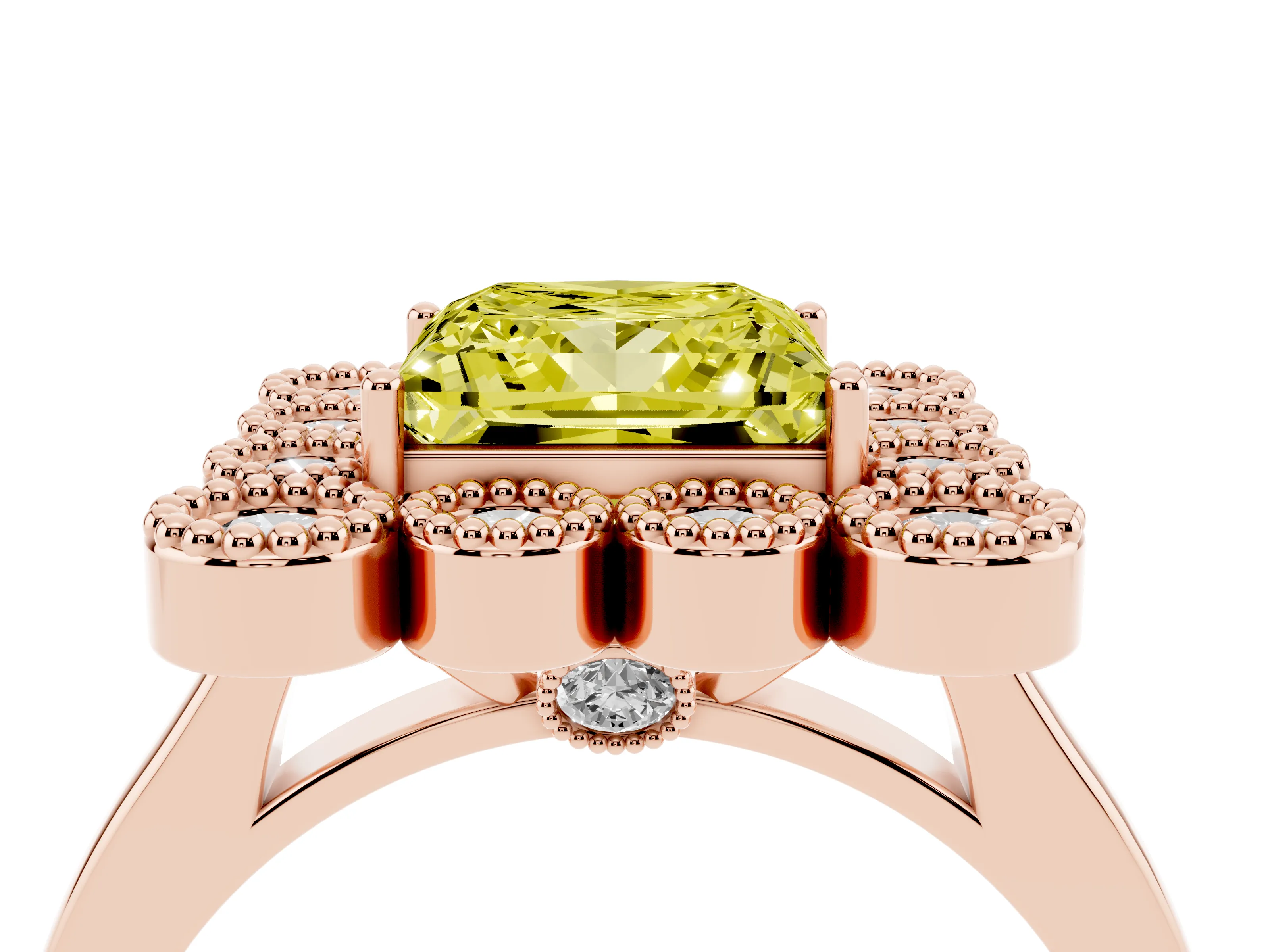Fancy Yellow Princess Cut Diamond Cluster Halo Ring Set in Rose gold with Milgrain Bezel Accents and Plain Band