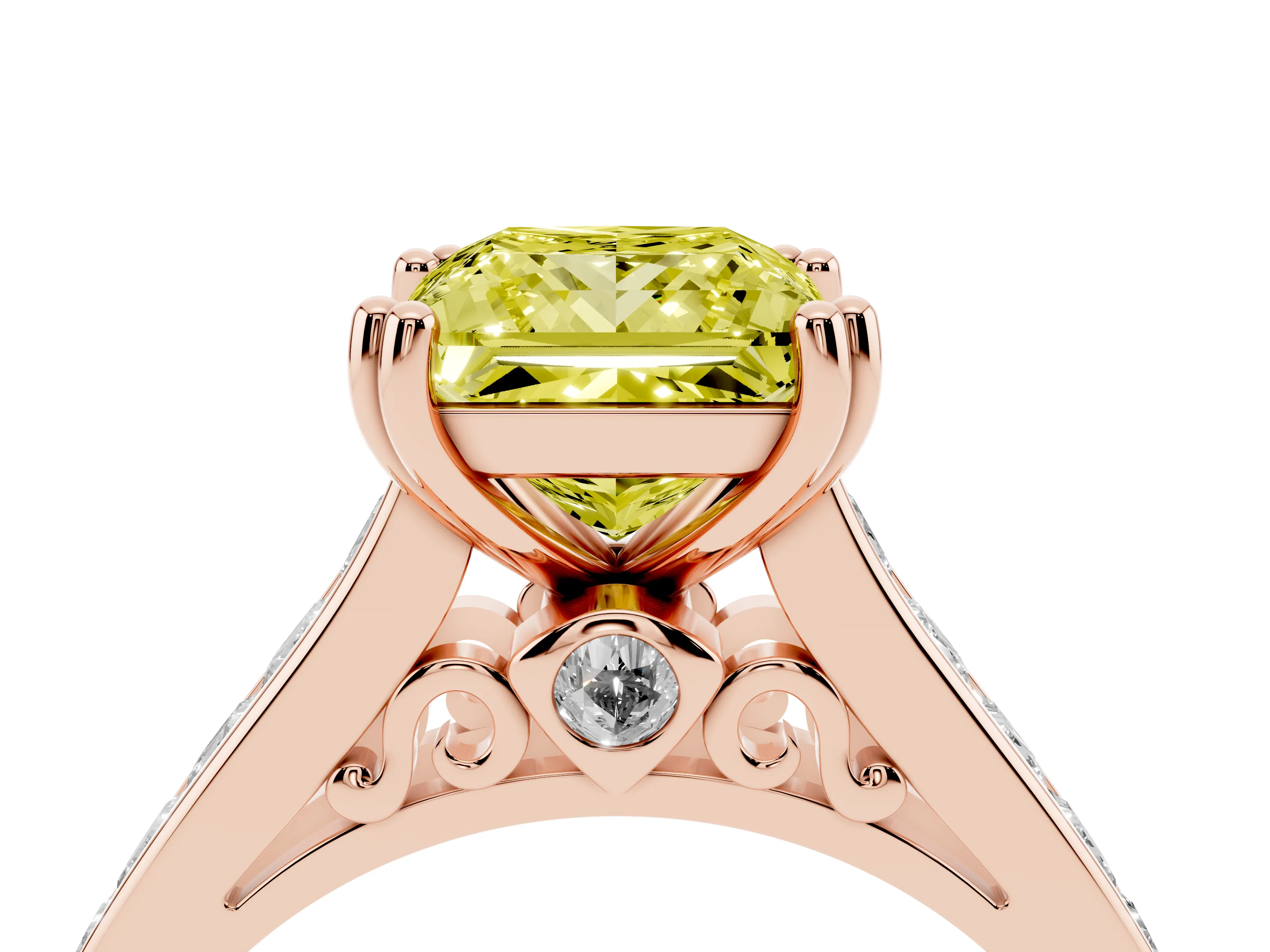 Fancy Yellow Princess Cut Diamond Channel Set Solitaire Engagement Ring Set in Rose gold with Prong Setting