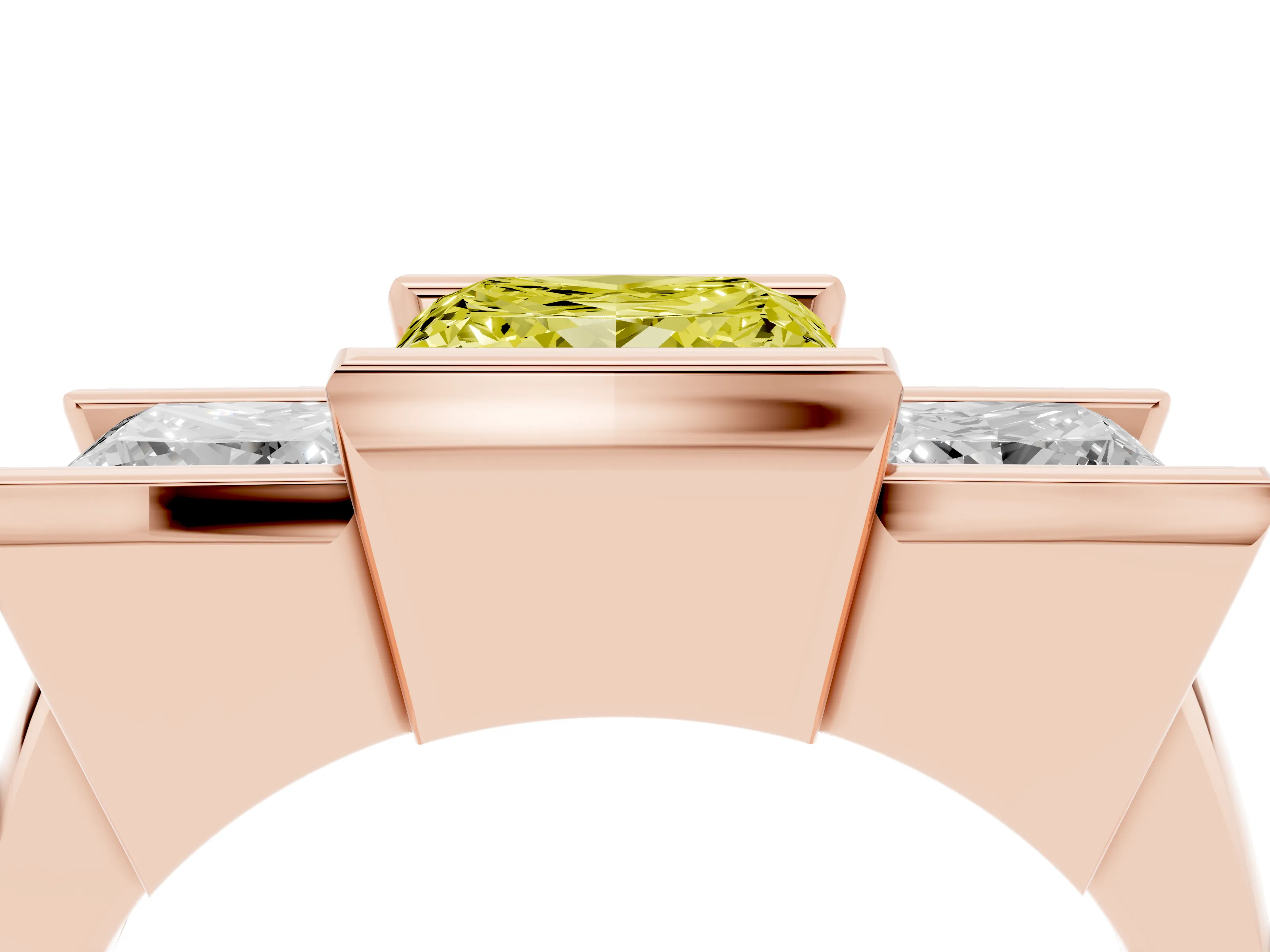 Fancy Yellow Princess Cut Diamond Three-Stone Channel Set Ring Set in Rose gold with Smooth Polished Band