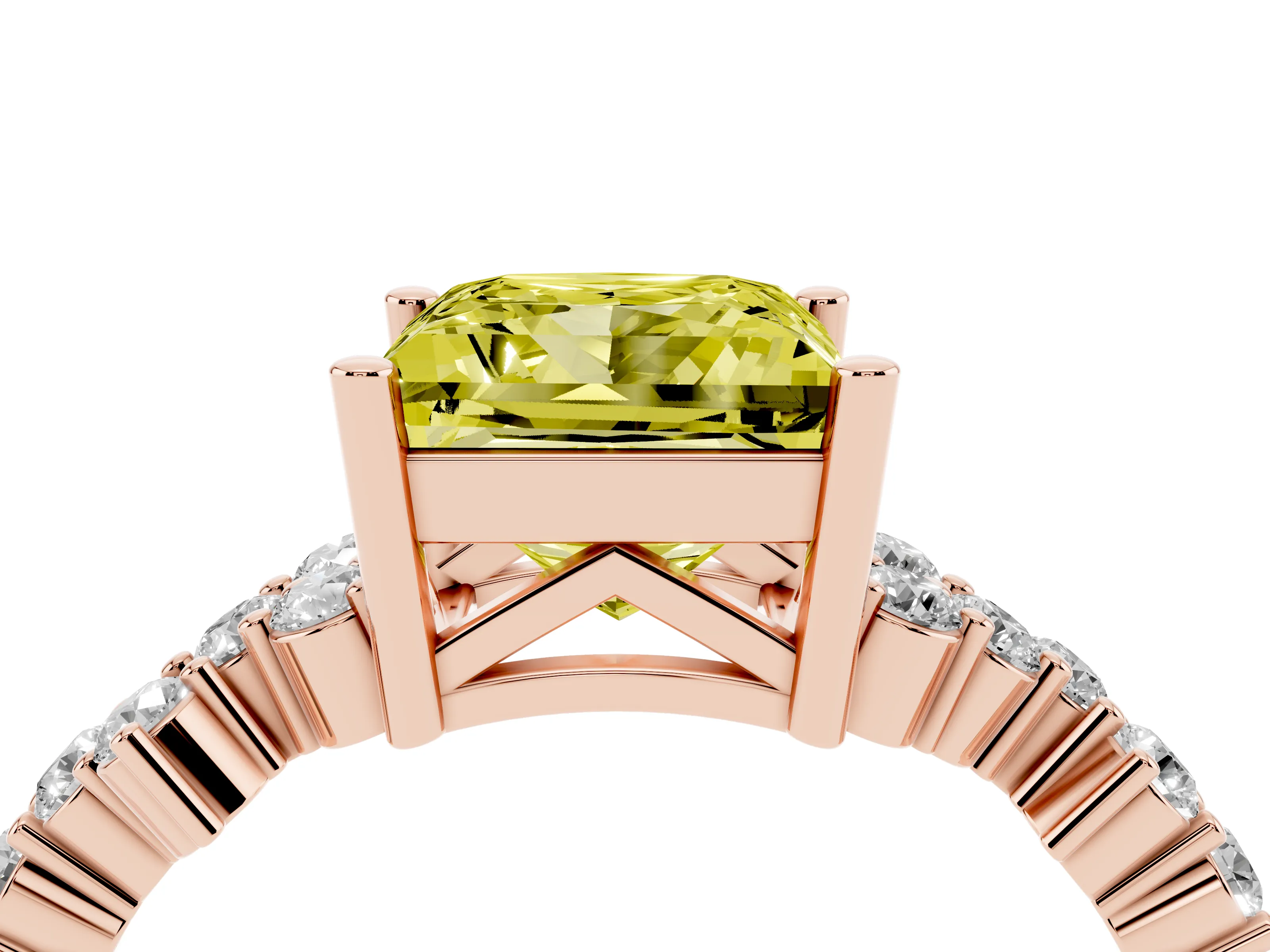 Fancy Yellow Princess Cut Diamond Ring Set in Rose gold with Scattered Round Accents