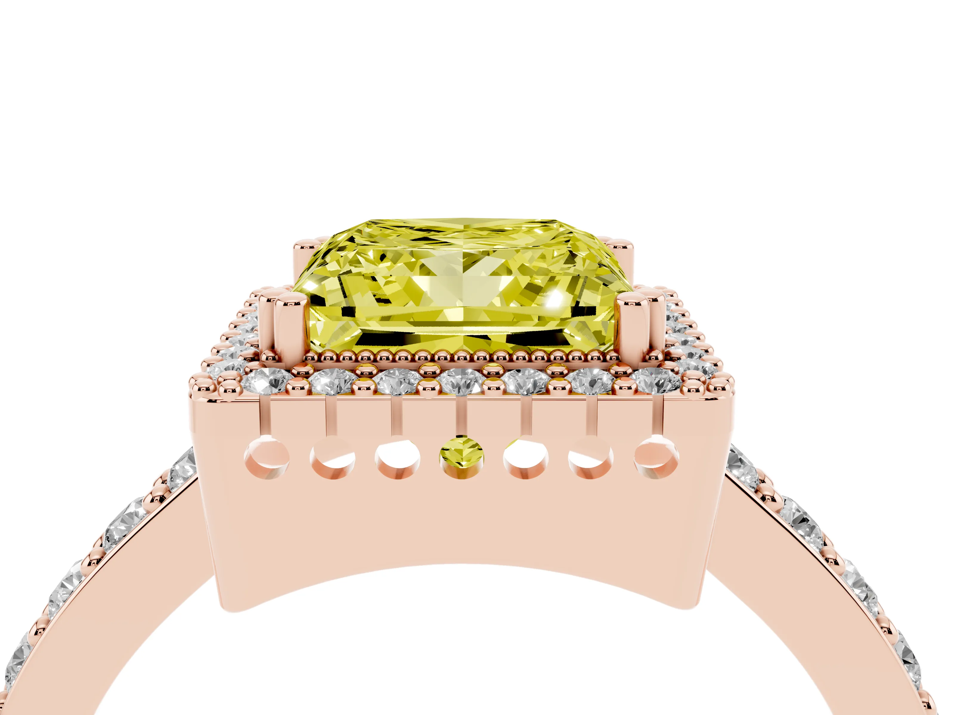 Fancy Yellow Princess Cut Diamond Halo Engagement Ring Set in Rose gold with Milgrain Detail and Pavé Band
