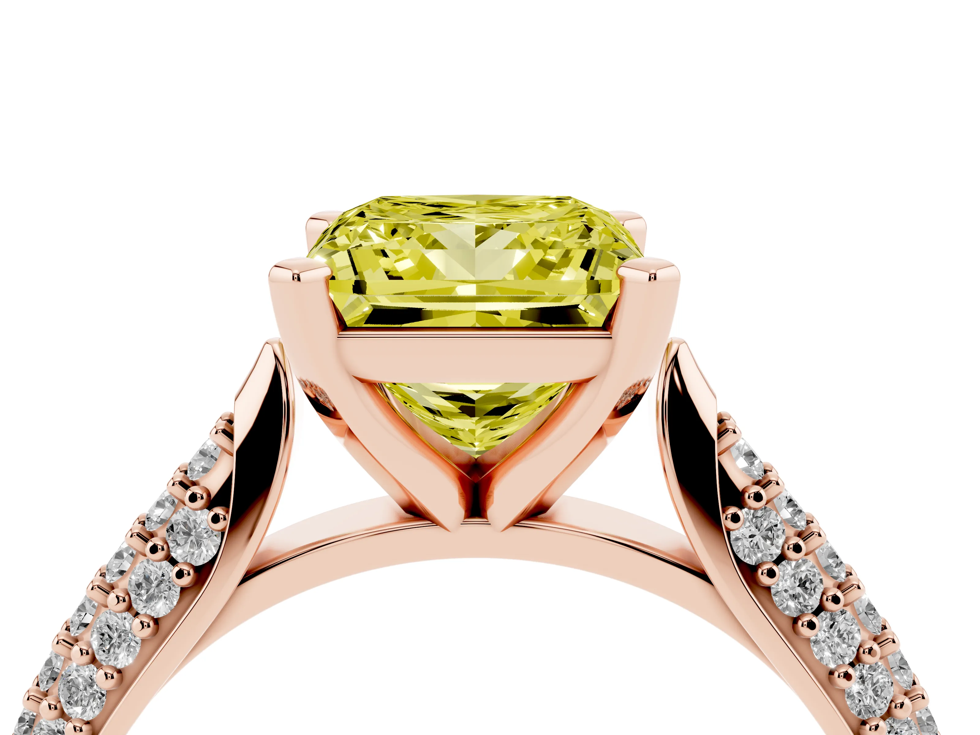 Fancy Yellow Princess Cut Diamond Solitaire Engagement Ring Set in Rose gold with Multi-Row Round Pavé Band and Prong Setting
