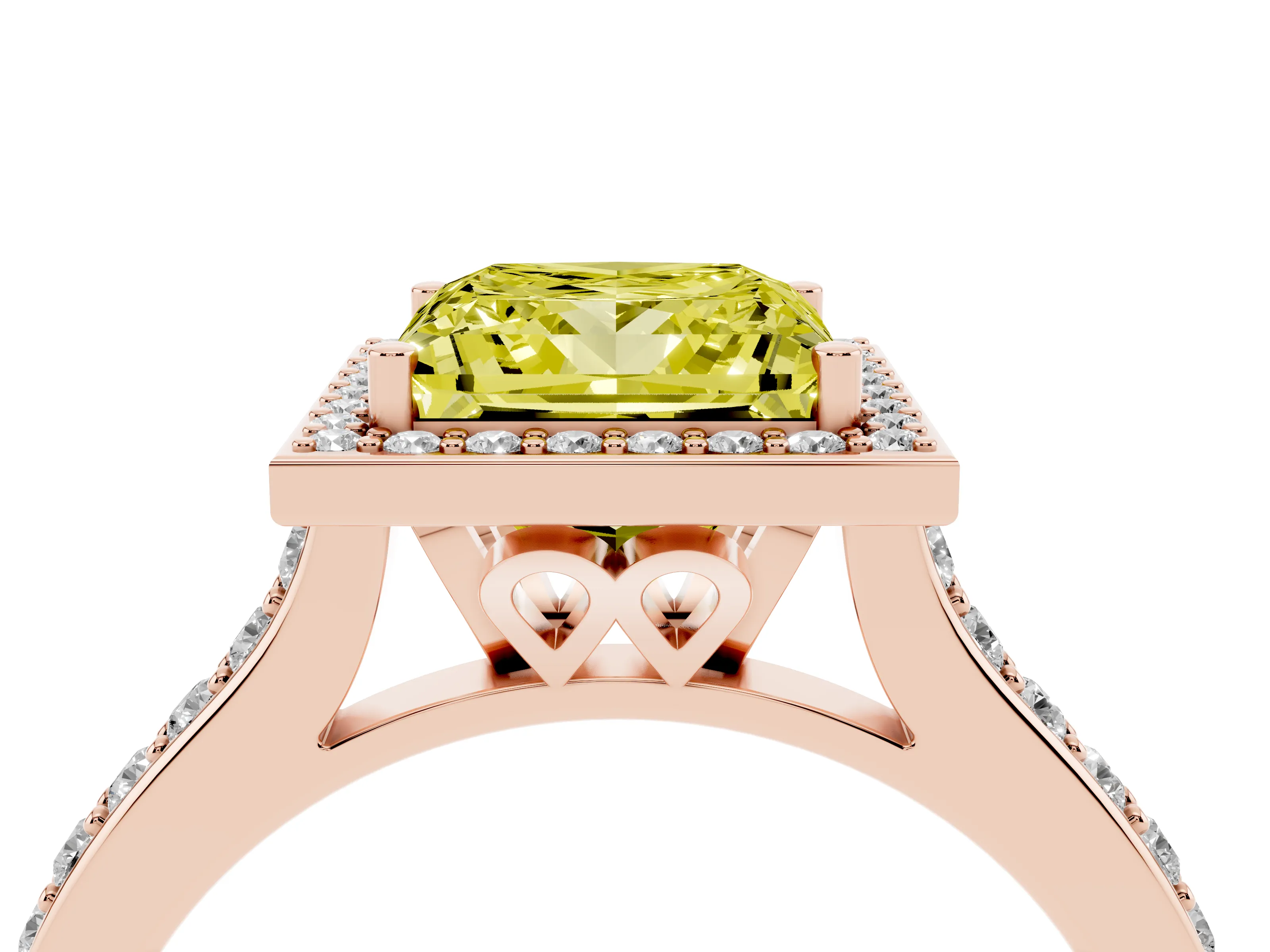 Fancy Yellow Princess Cut Diamond Halo Engagement Ring Set in Rose gold with Round Pavé Shoulders and Heart Gallery