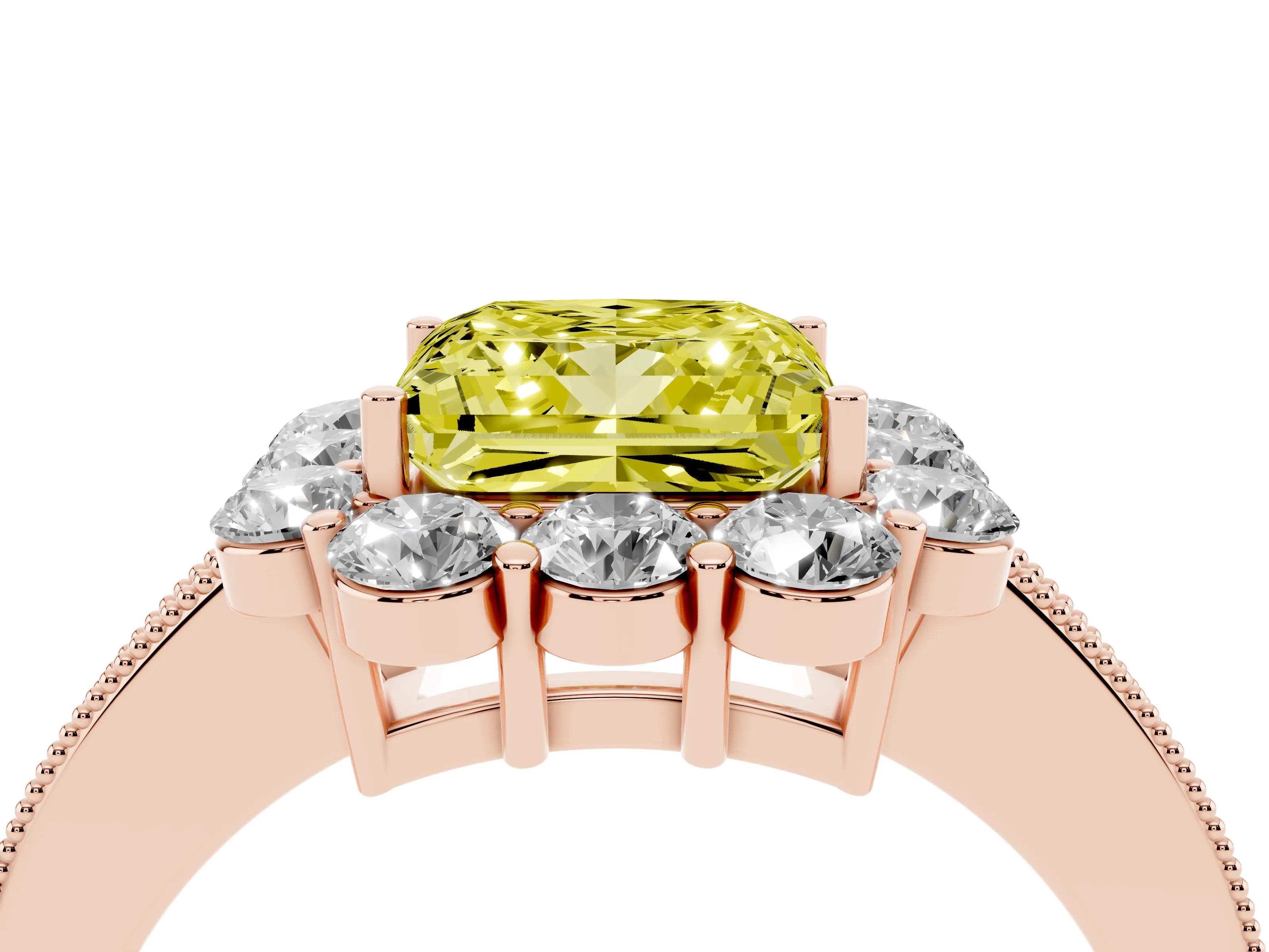 Fancy Yellow Princess Cut Diamond Halo Pavé Engagement Ring Set in Rose gold with Milgrain Detailing