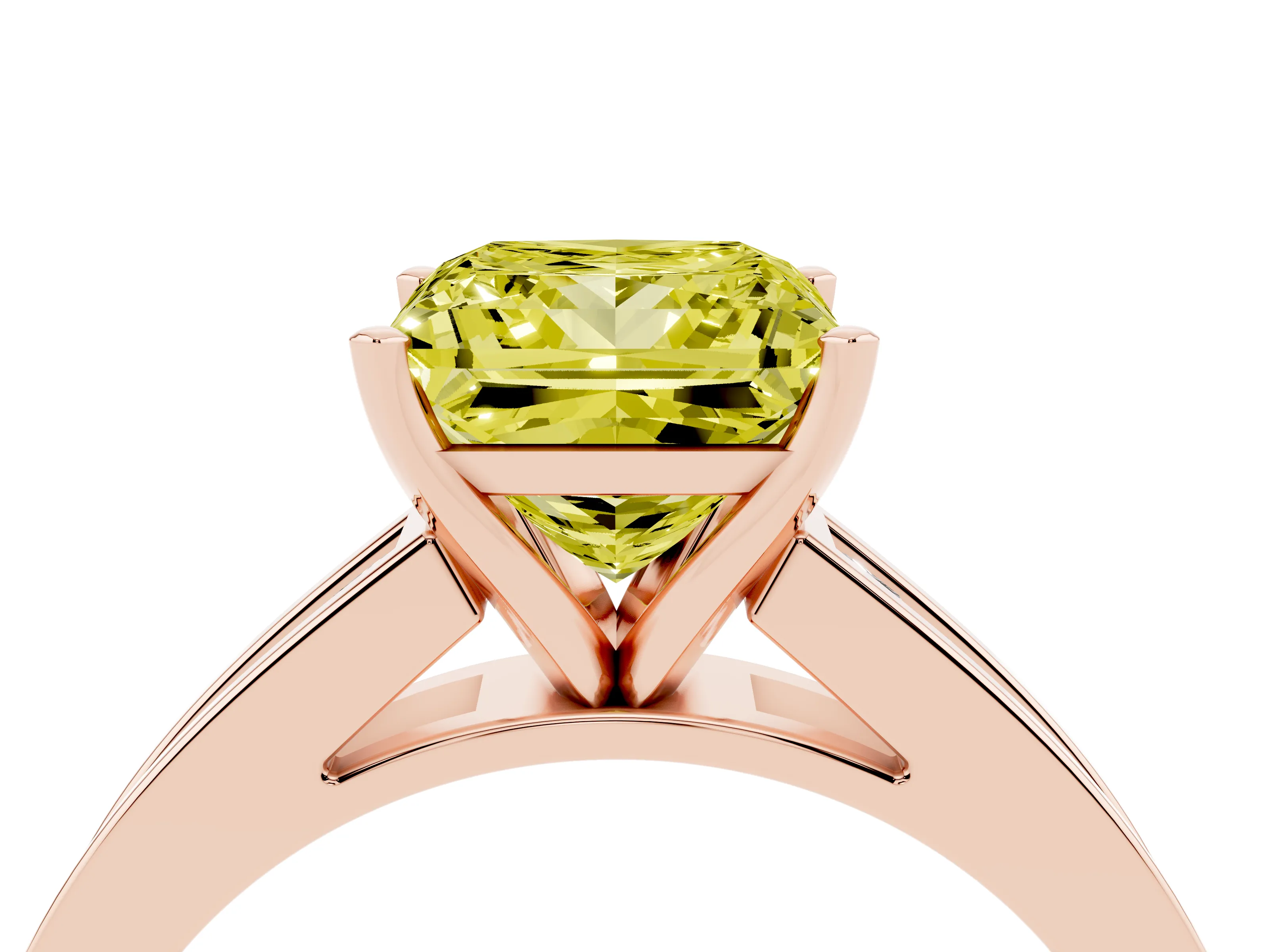Fancy Yellow Princess Cut Diamond Solitaire Ring Set in Rose gold with Channel-Set Band and Prong Setting