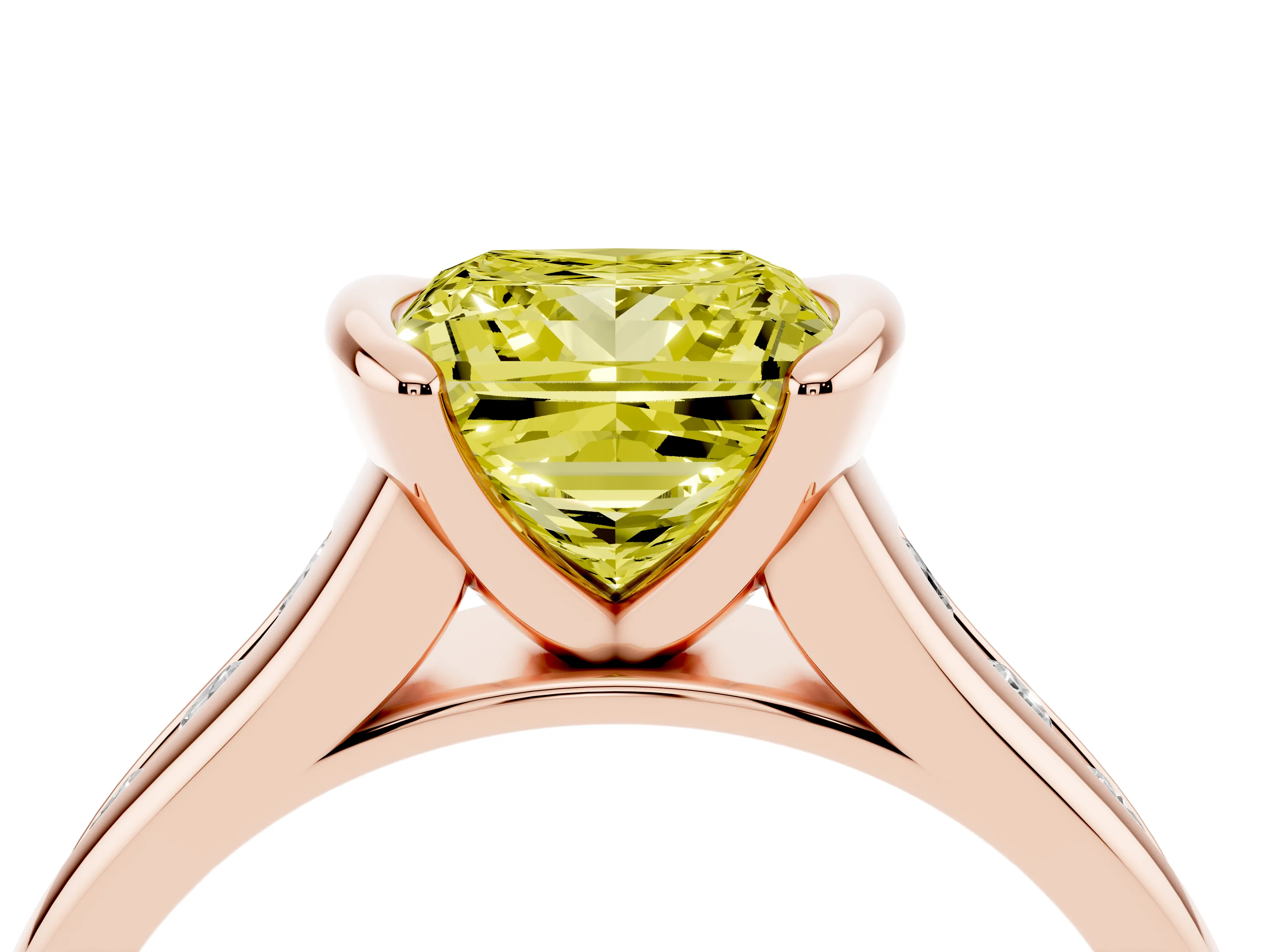 Fancy Yellow Princess Cut Diamond Bezel-Set Solitaire Ring Set in Rose gold with Channel-Set Band