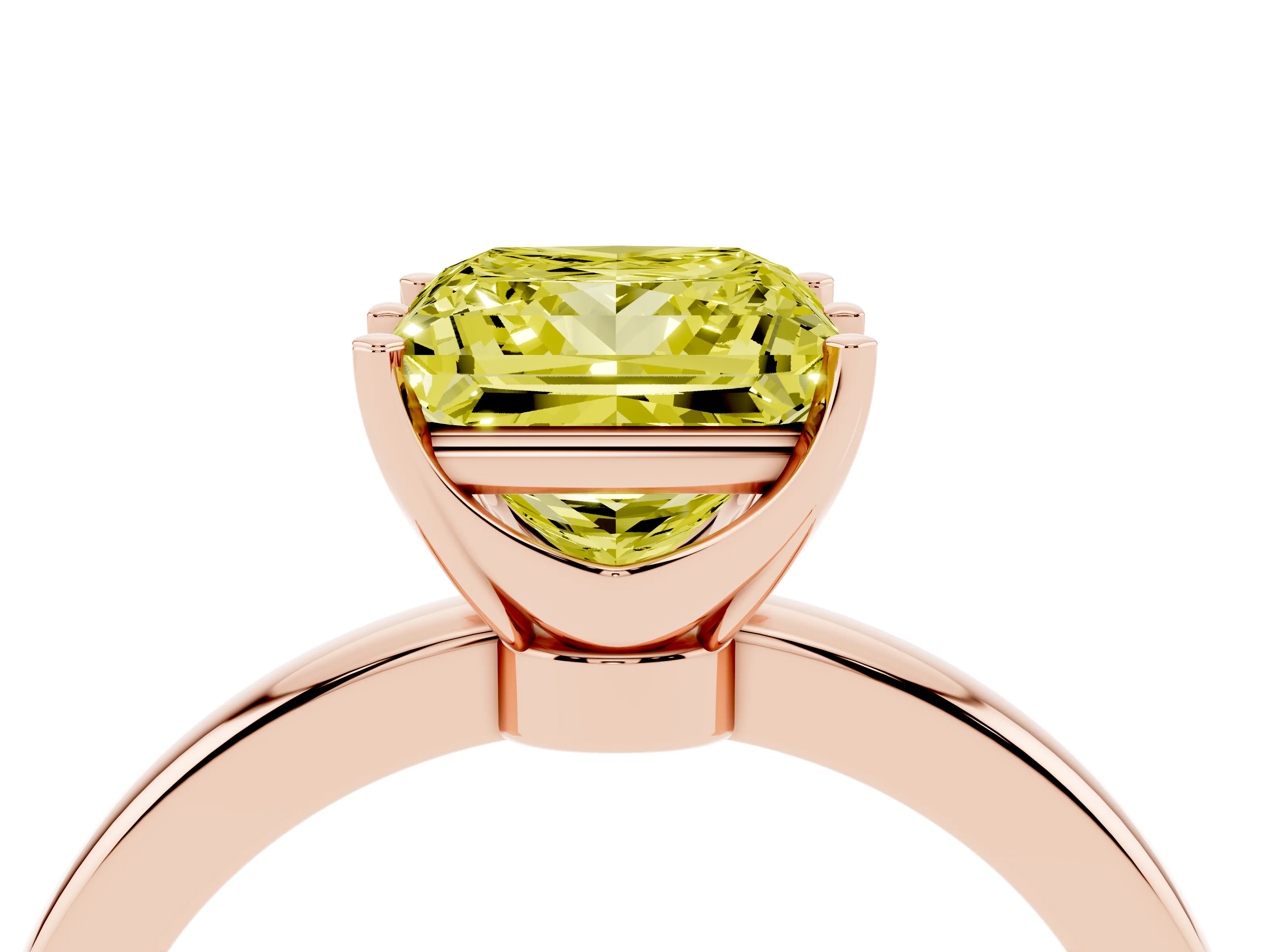 Fancy Yellow Princess Cut Diamond Solitaire Ring Set in Rose gold with Raised Prong Setting on a Classic Band