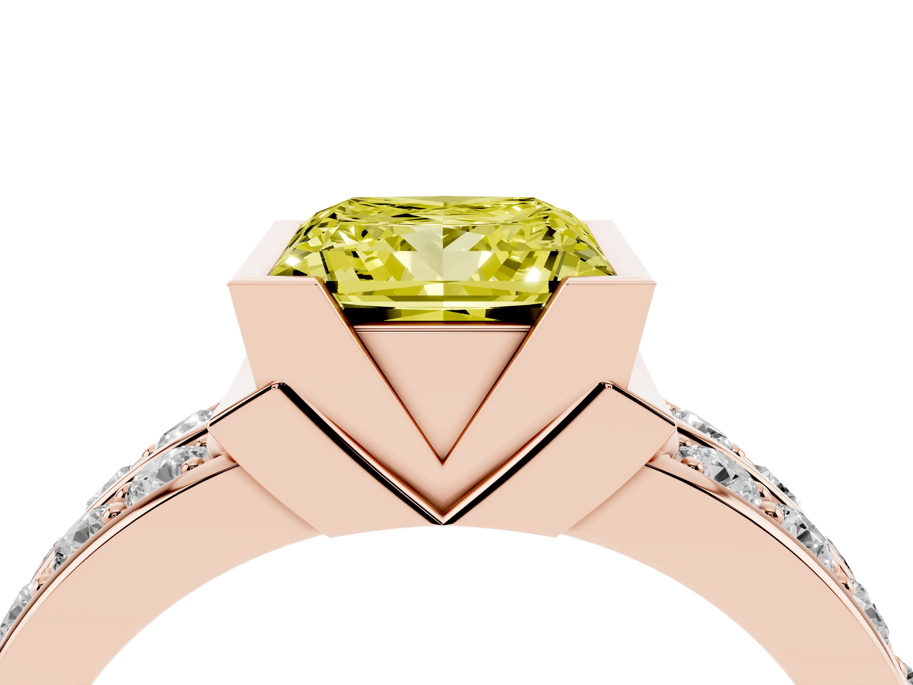 Fancy Yellow Princess Cut Diamond Wide Channel Set Band Ring Set in Rose gold with Bezel Setting