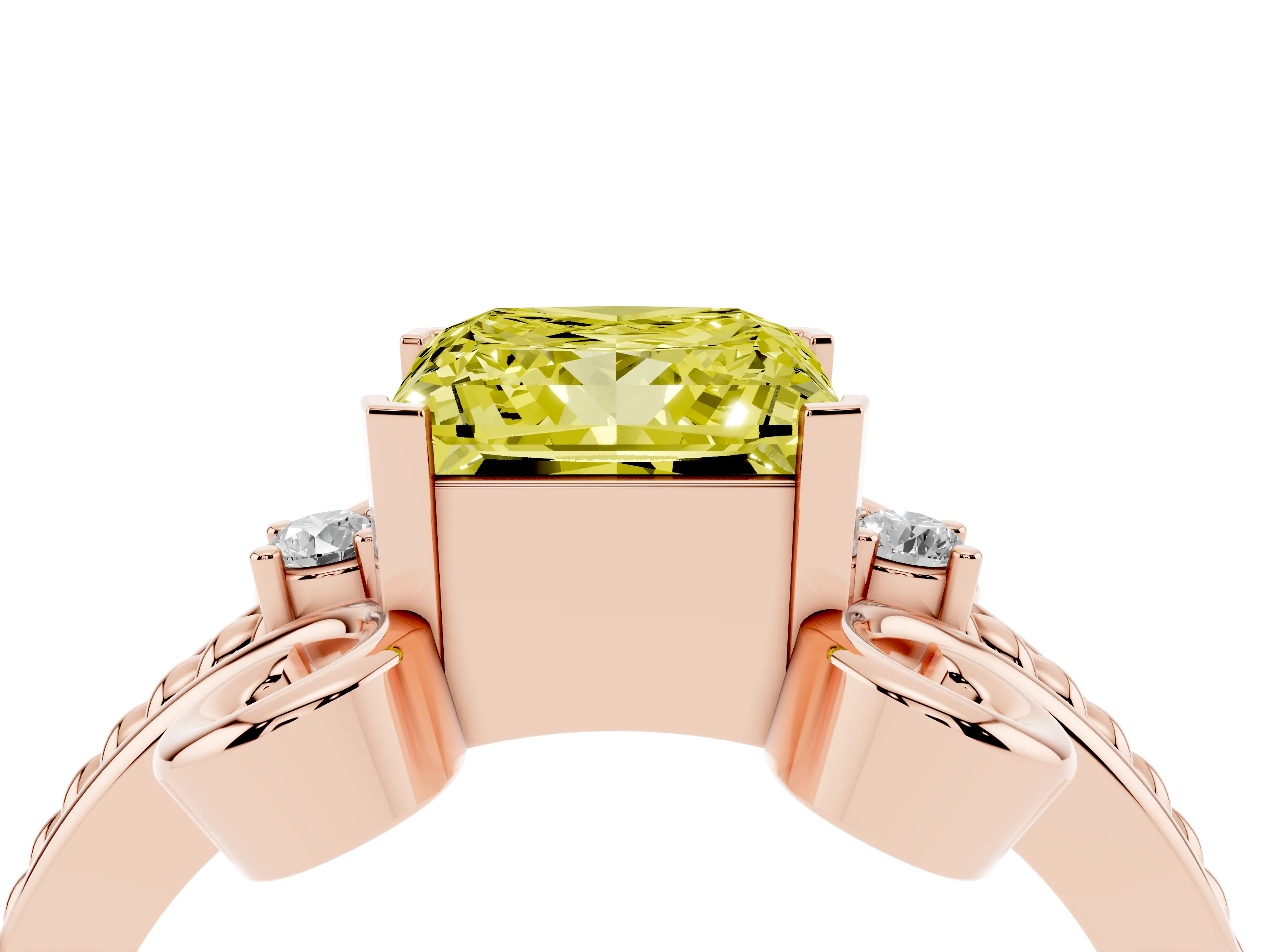 Fancy Yellow Princess Cut Diamond Twisted Band Solitaire Ring Set in Rose gold with Scroll Prongs