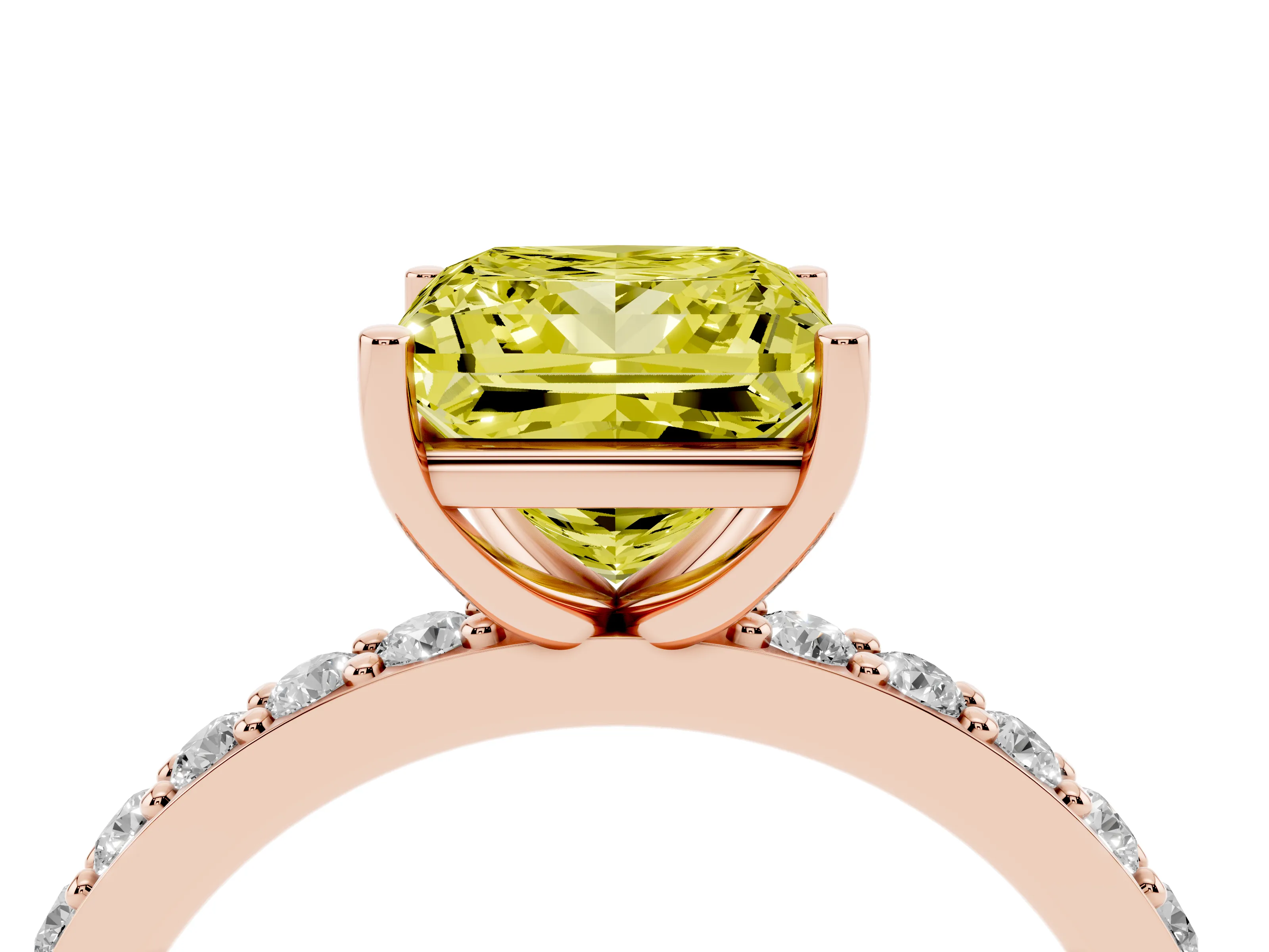 Fancy Yellow Princess Cut Diamond Solitaire Set in Rose gold with Round Pavé Band and Prong Setting