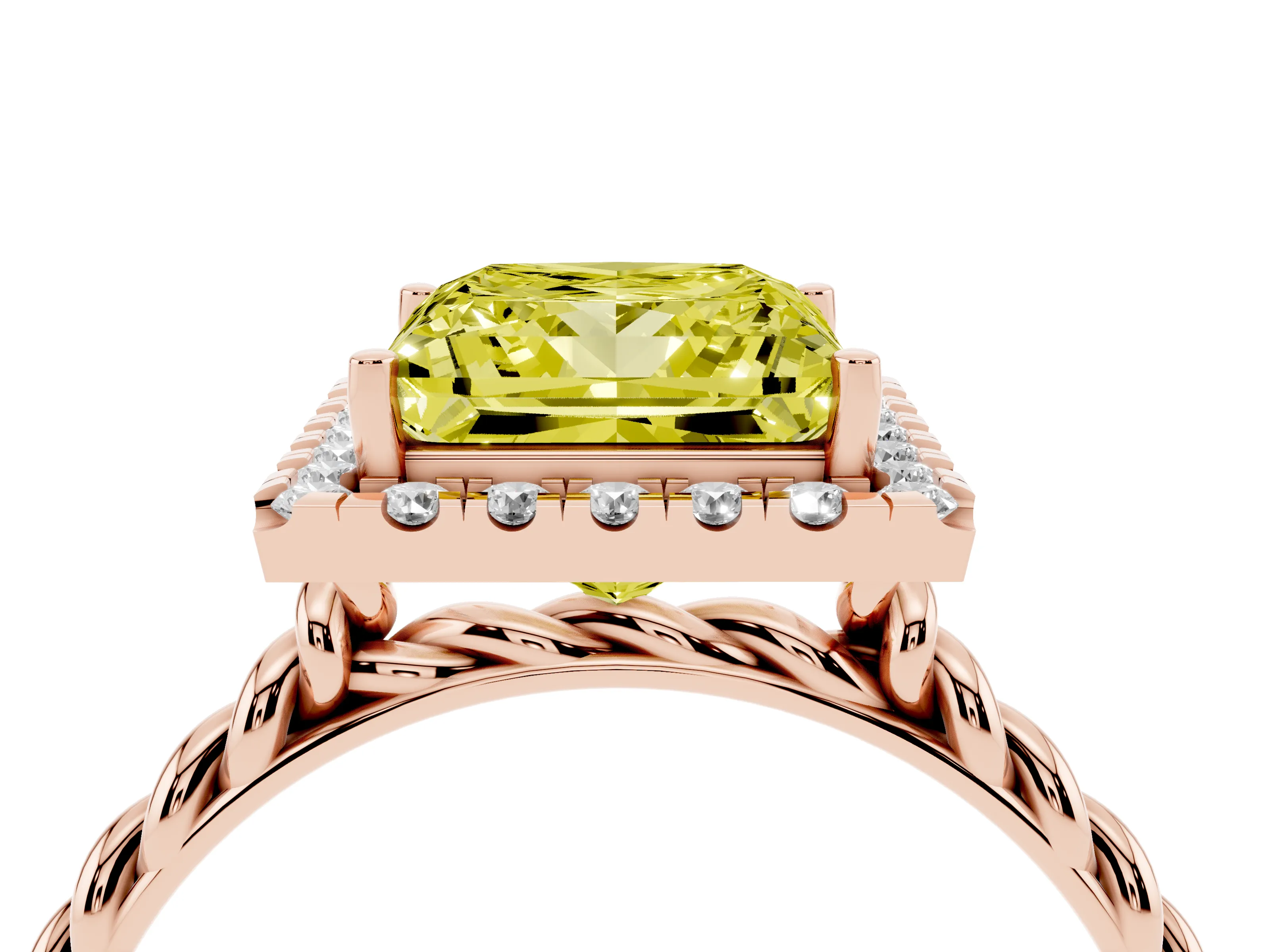 Fancy Yellow Princess Cut Diamond Halo Ring Set in Rose gold with Plain Twisted Band