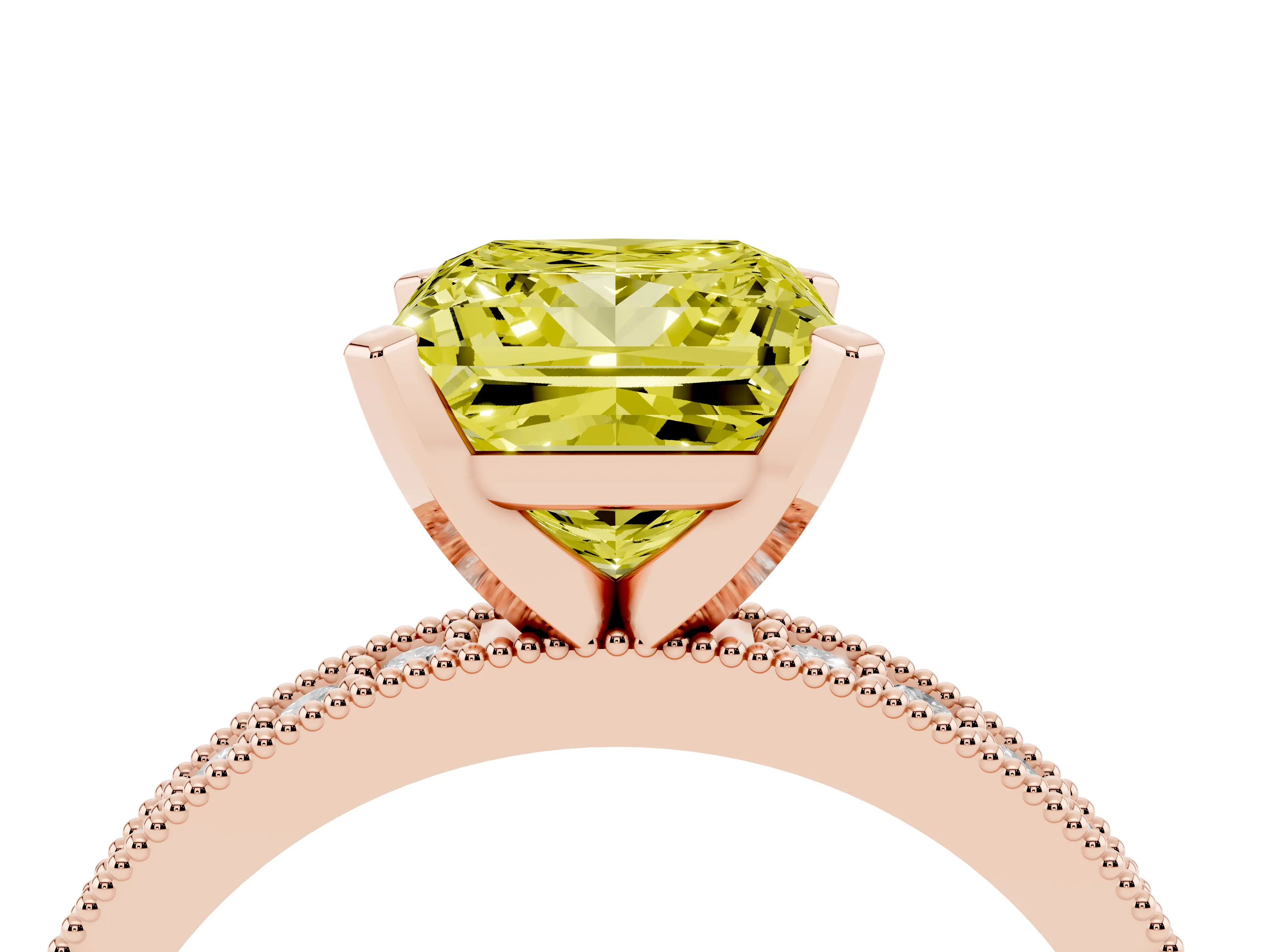 Fancy Yellow Princess Cut Diamond Milgrain Pavé Engagement Ring Set in Rose gold with Prong Setting