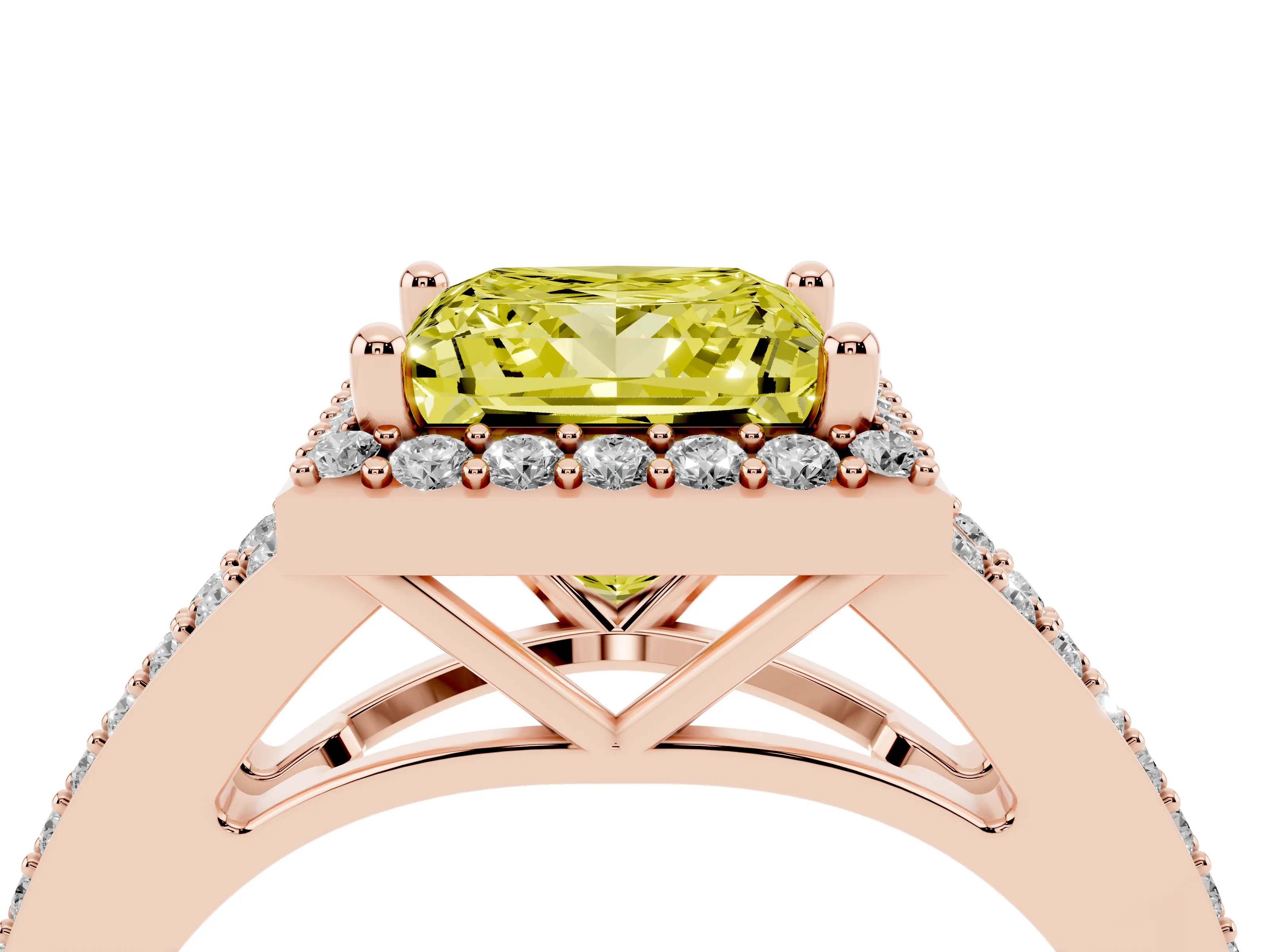 Fancy Yellow Princess Cut Diamond Halo Split Shank Pavé Ring Set in Rose gold with Prong Setting