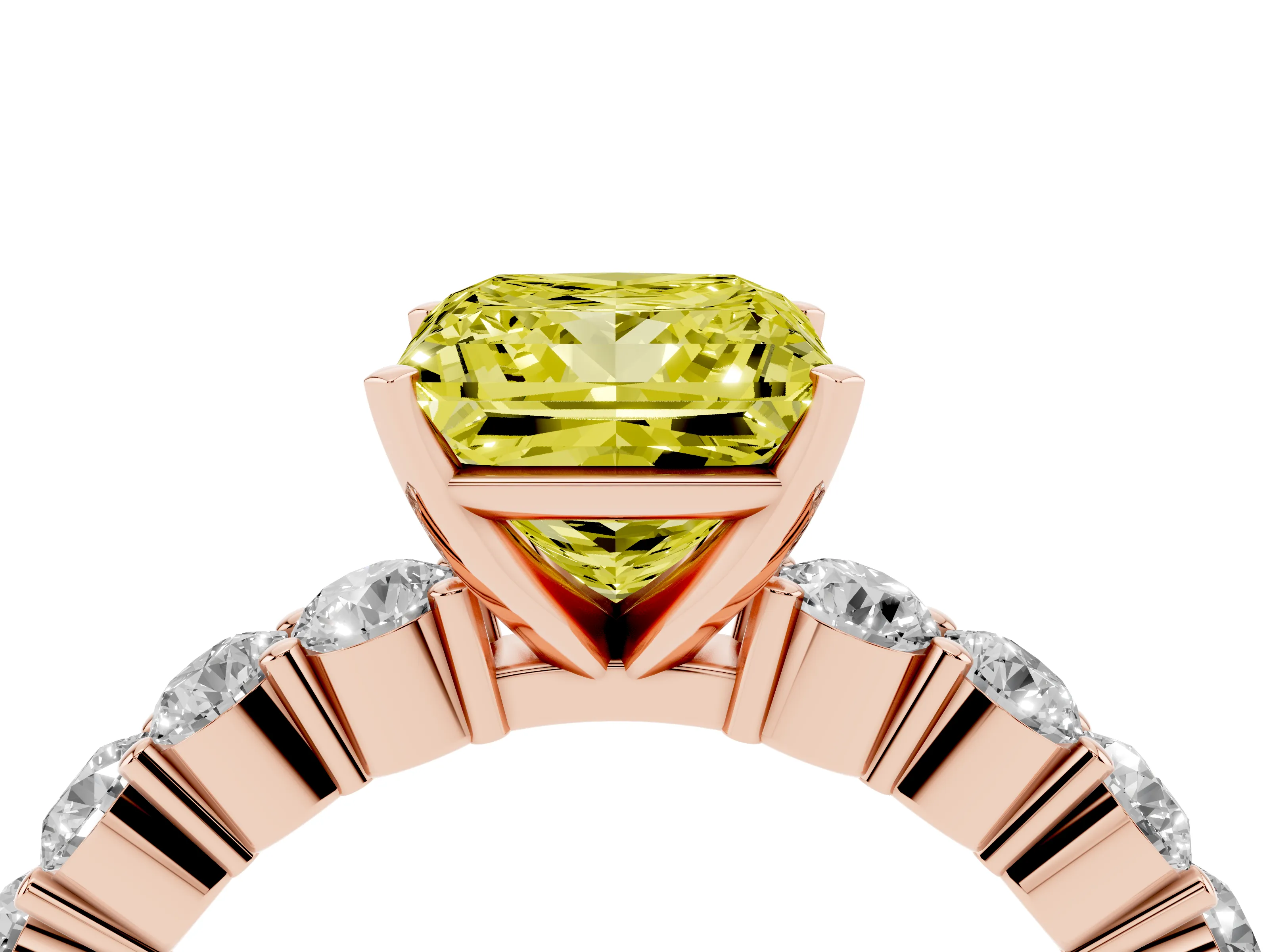 Fancy Yellow Princess Cut Diamond Solitaire Ring Set in Rose gold with Shared Prong Round Side Stones