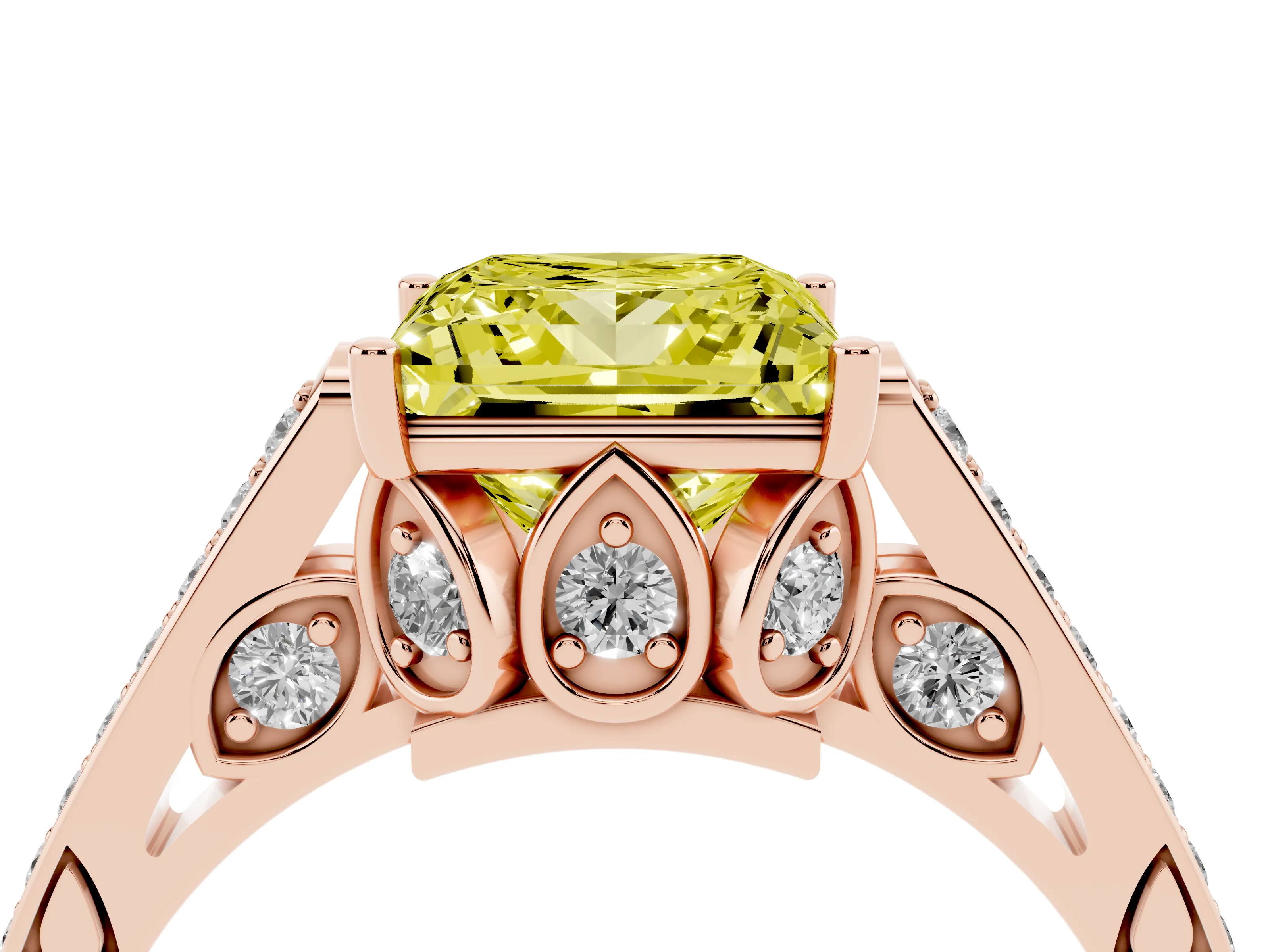 Fancy Yellow Princess Cut Diamond Cathedral Pavé Engagement Ring Set in Rose gold with Prong Setting