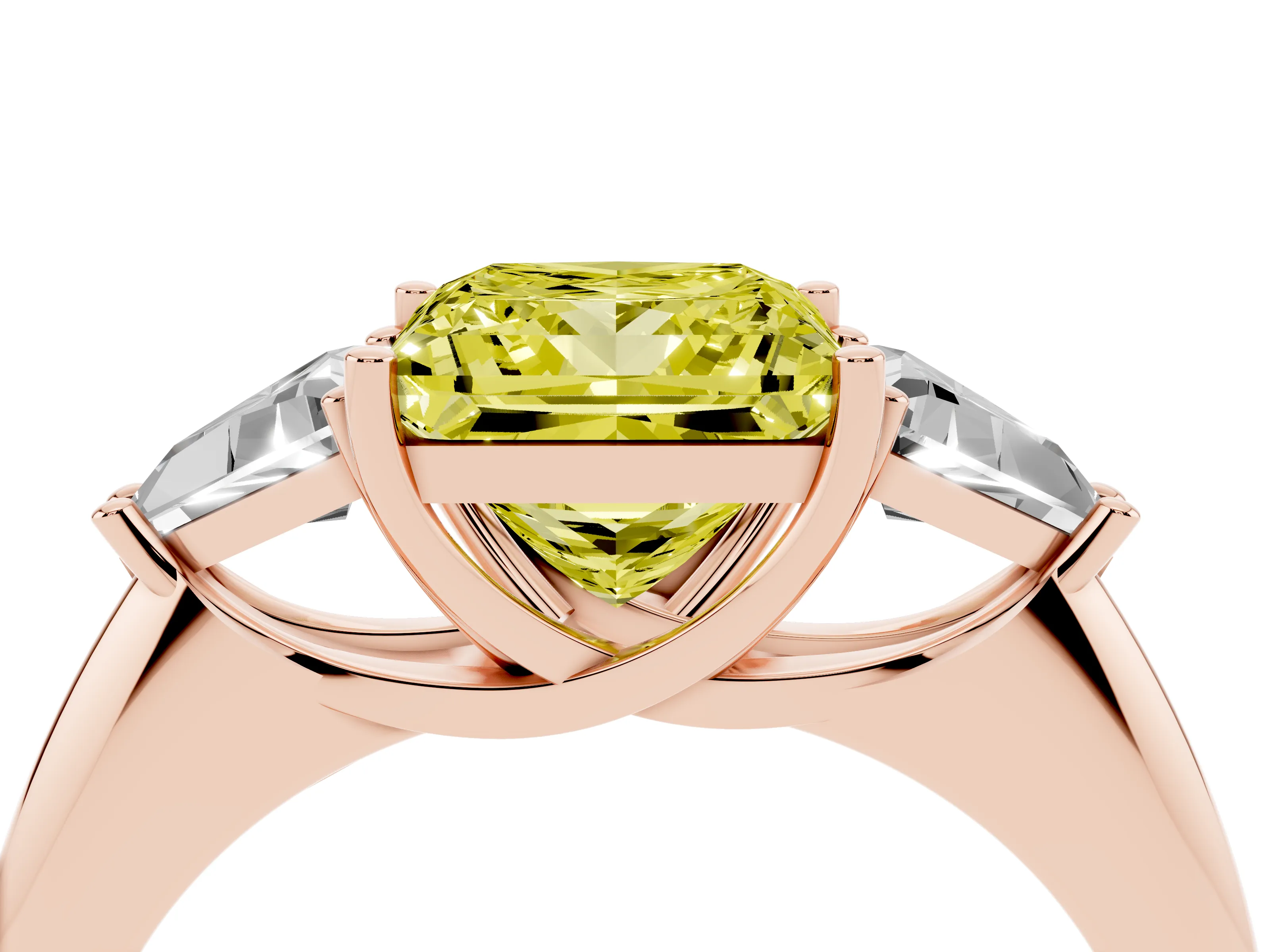 Fancy Yellow Princess Cut Diamond Three-Stone Engagement Ring Set in Rose gold with Trillion Side Stones