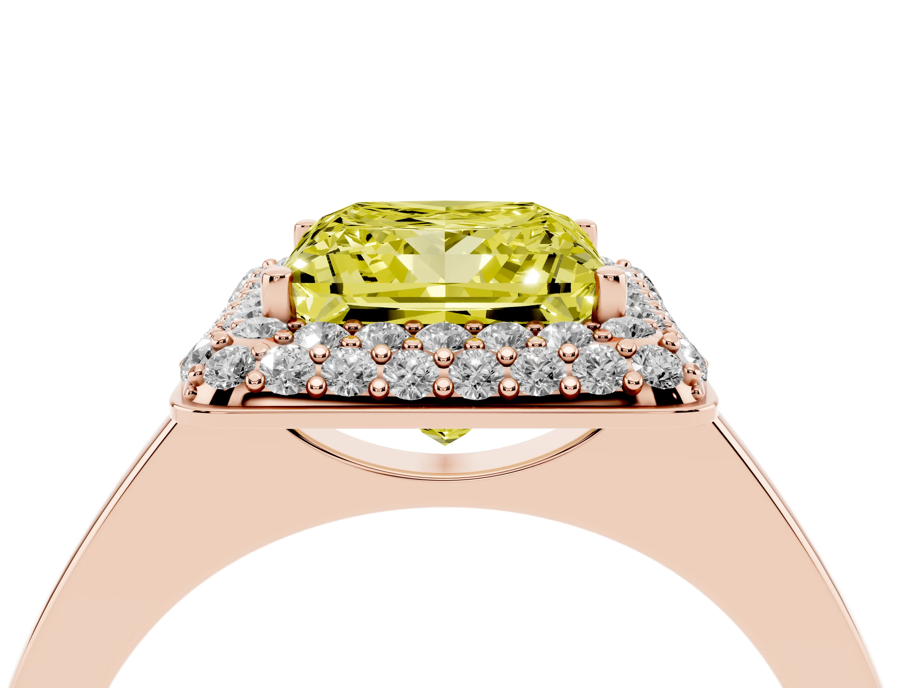 Fancy Yellow Princess Cut Diamond Halo Engagement Ring Set in Rose gold with Solitaire Band and Prong Setting