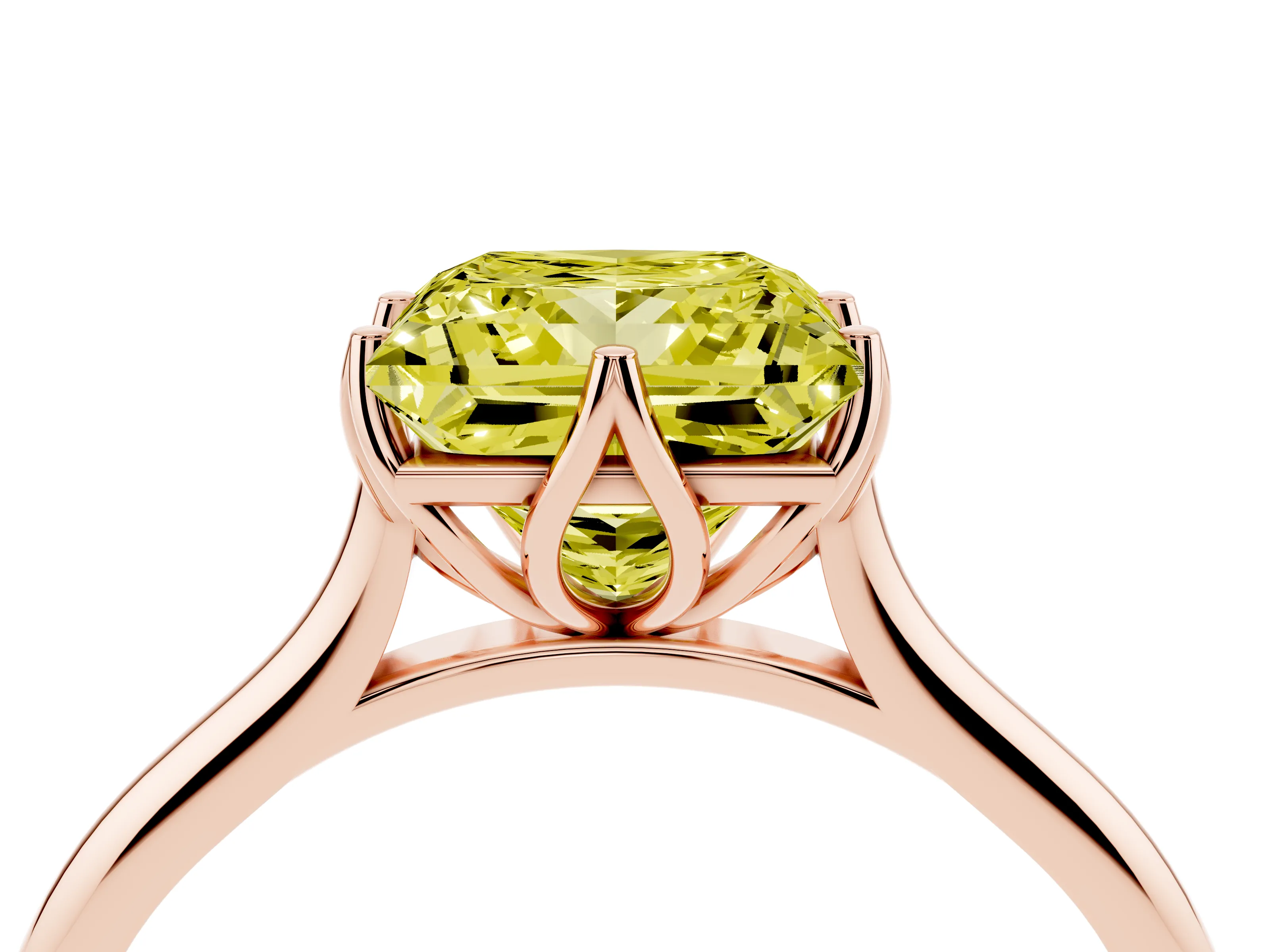 Fancy Yellow Princess Cut Diamond Solitaire Cathedral Ring Set in Rose gold with Prong Setting