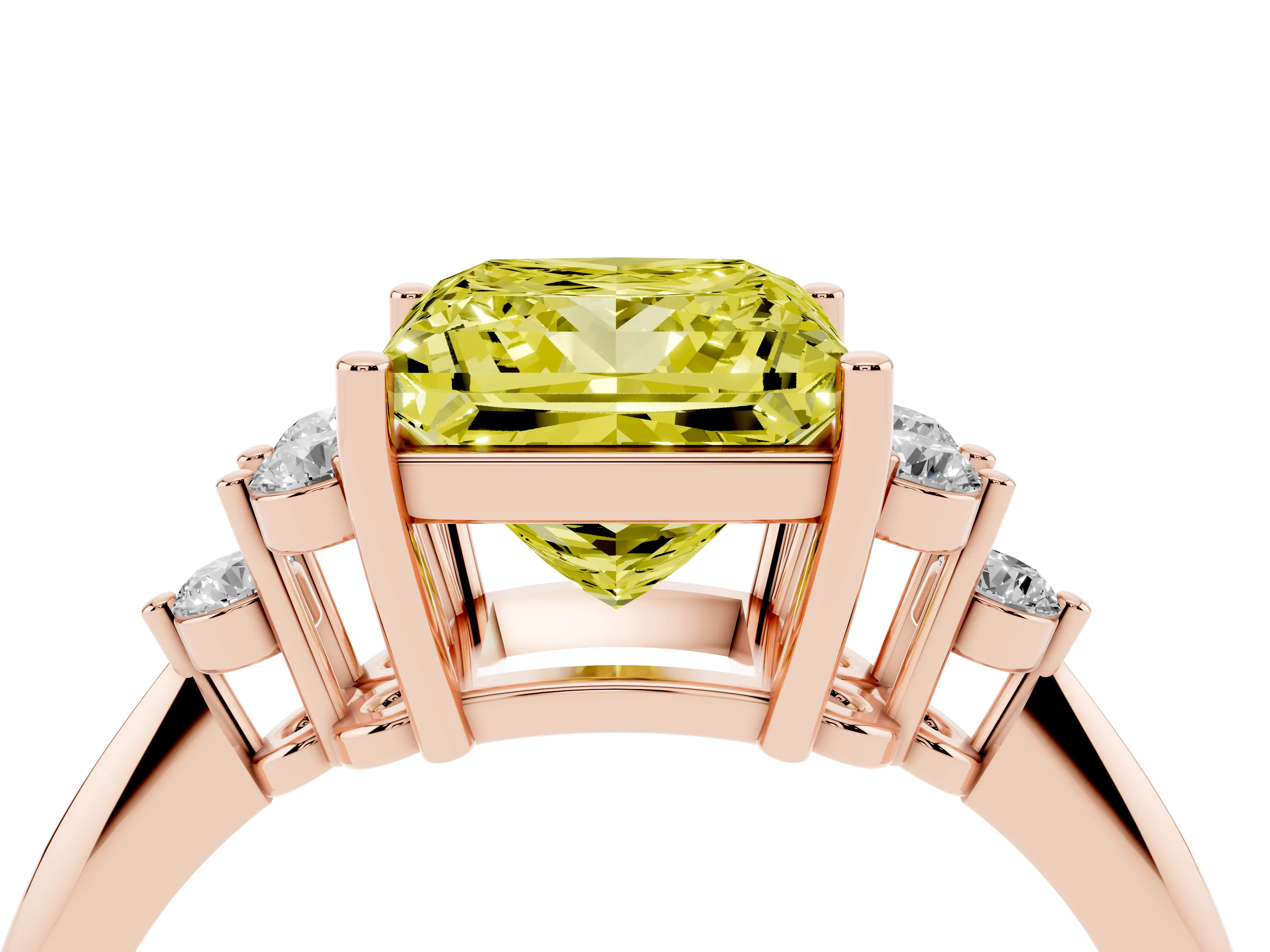 Fancy Yellow Princess Cut Diamond Cluster Ring Set in Rose gold with Plain Band and Prong Setting