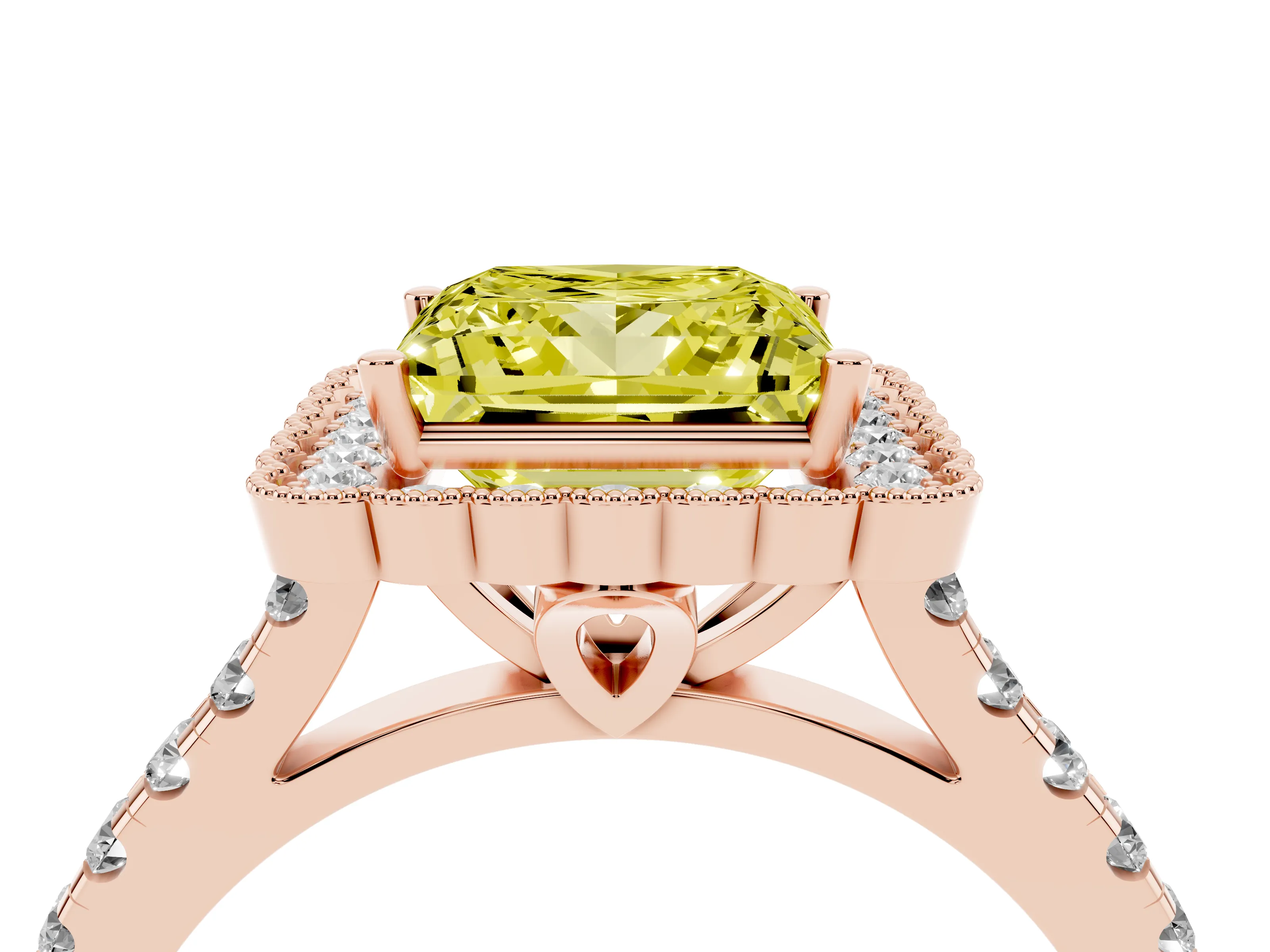Fancy Yellow Princess Cut Diamond Milgrain Floral Halo Engagement Ring Set in Rose gold with Pavé Band