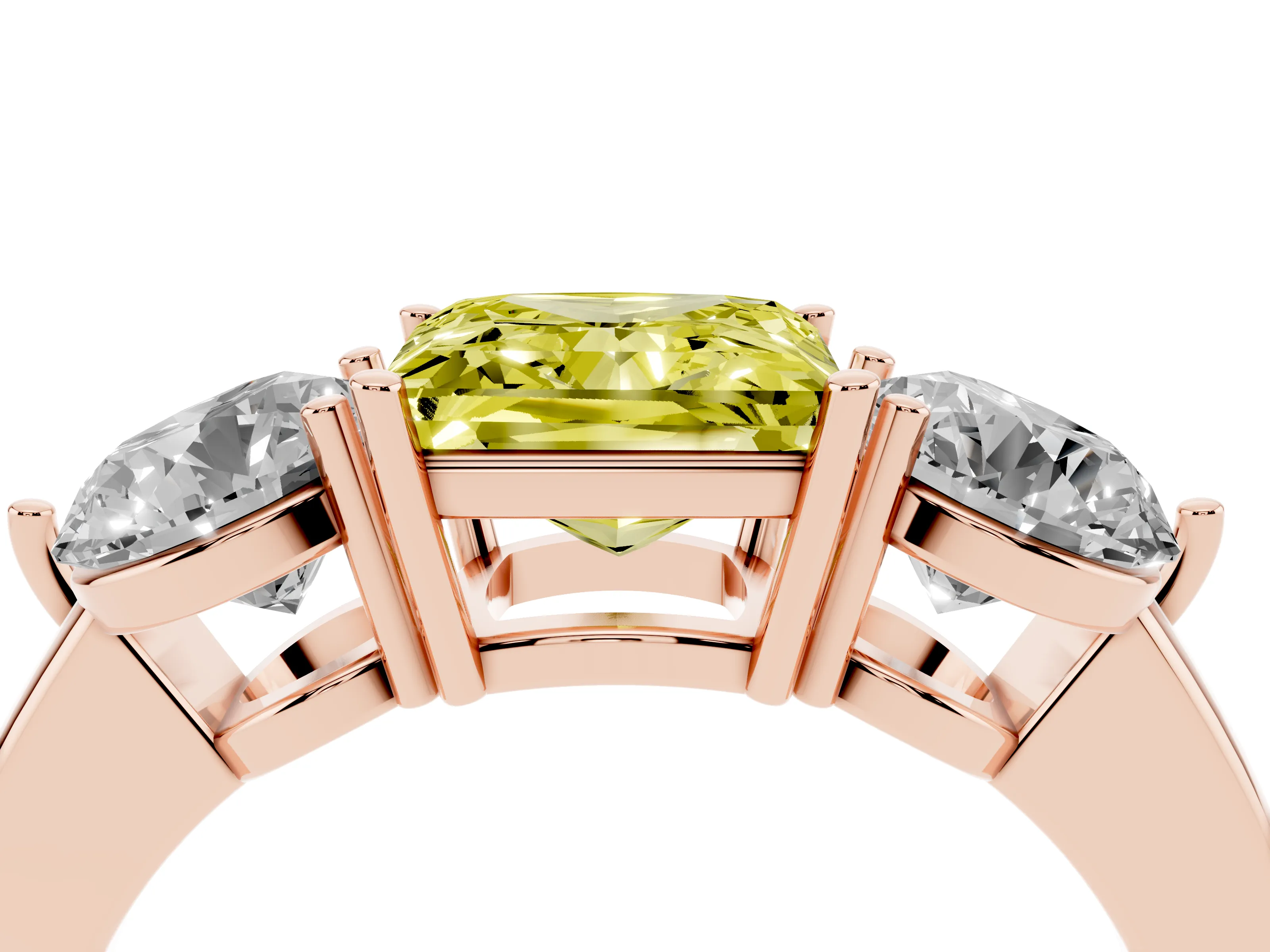 Fancy Yellow Princess Cut Diamond Three-Stone Ring Set in Rose gold with Prong Setting and Plain Band