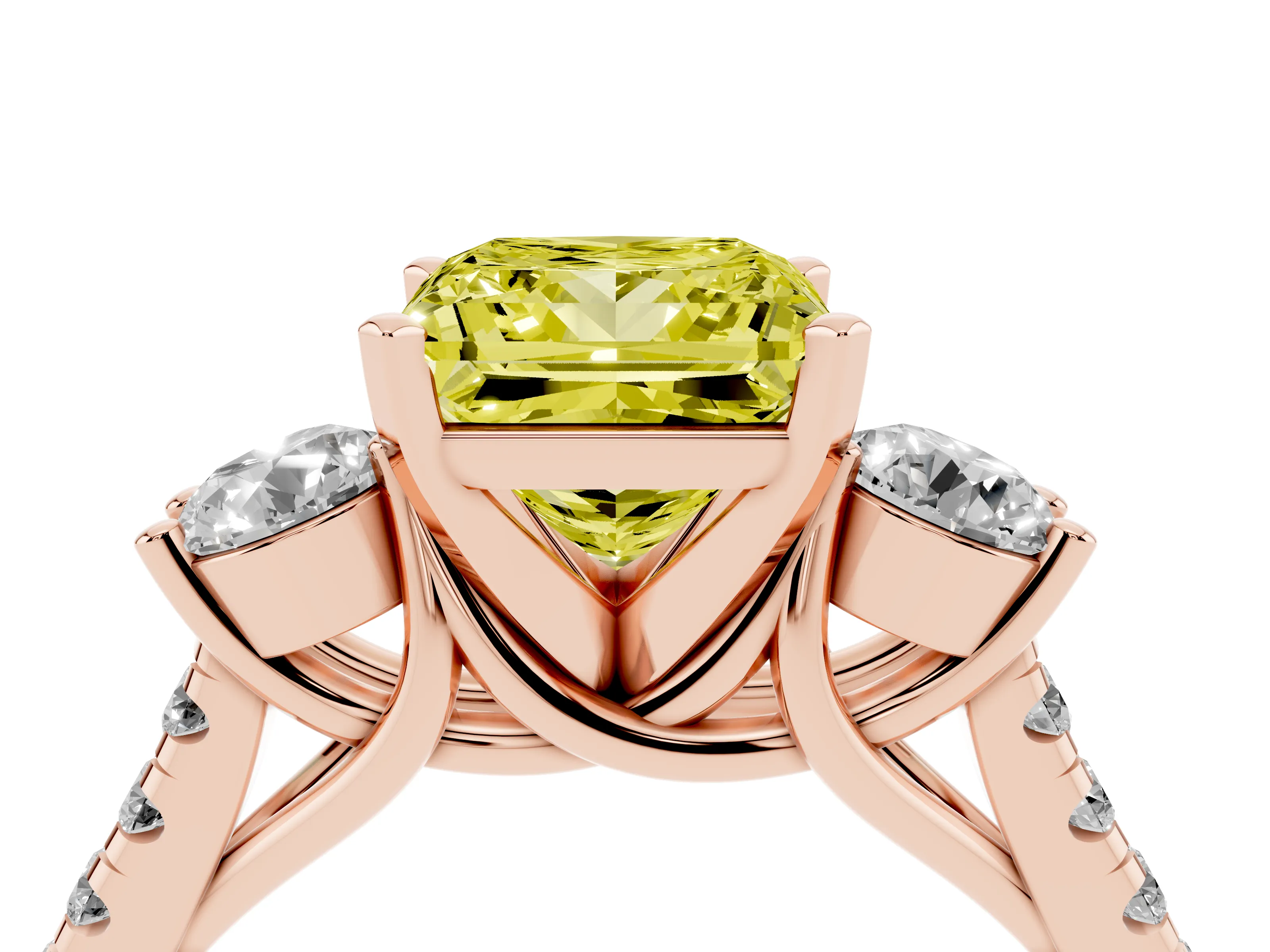 Fancy Yellow Three-Stone Princess Cut Diamond Pavé Band Ring Set in Rose gold with Prong-Set Trio