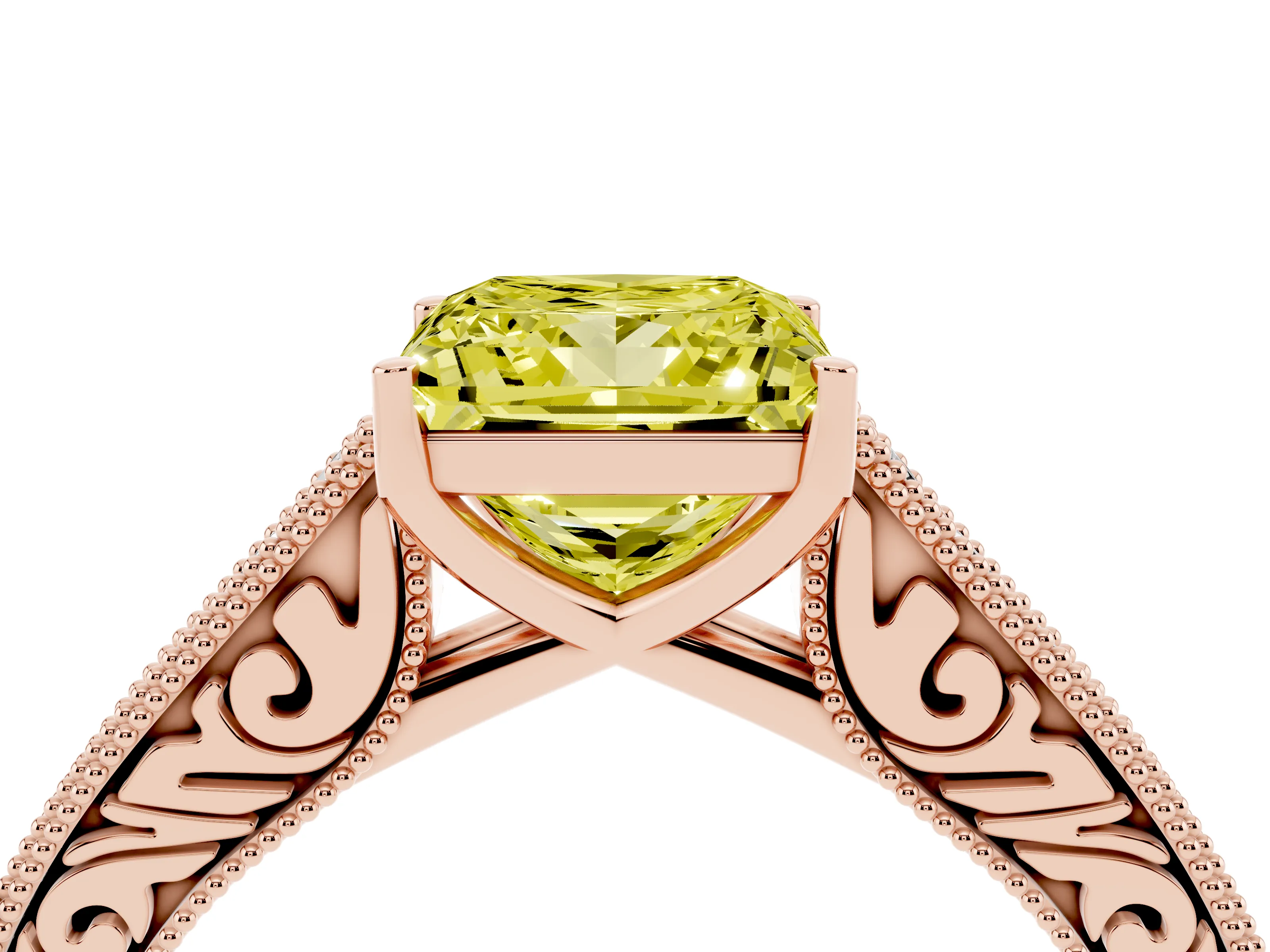 Fancy Yellow Princess Cut Diamond Milgrain Pavé Band Solitaire Ring Set in Rose gold with Prong Setting