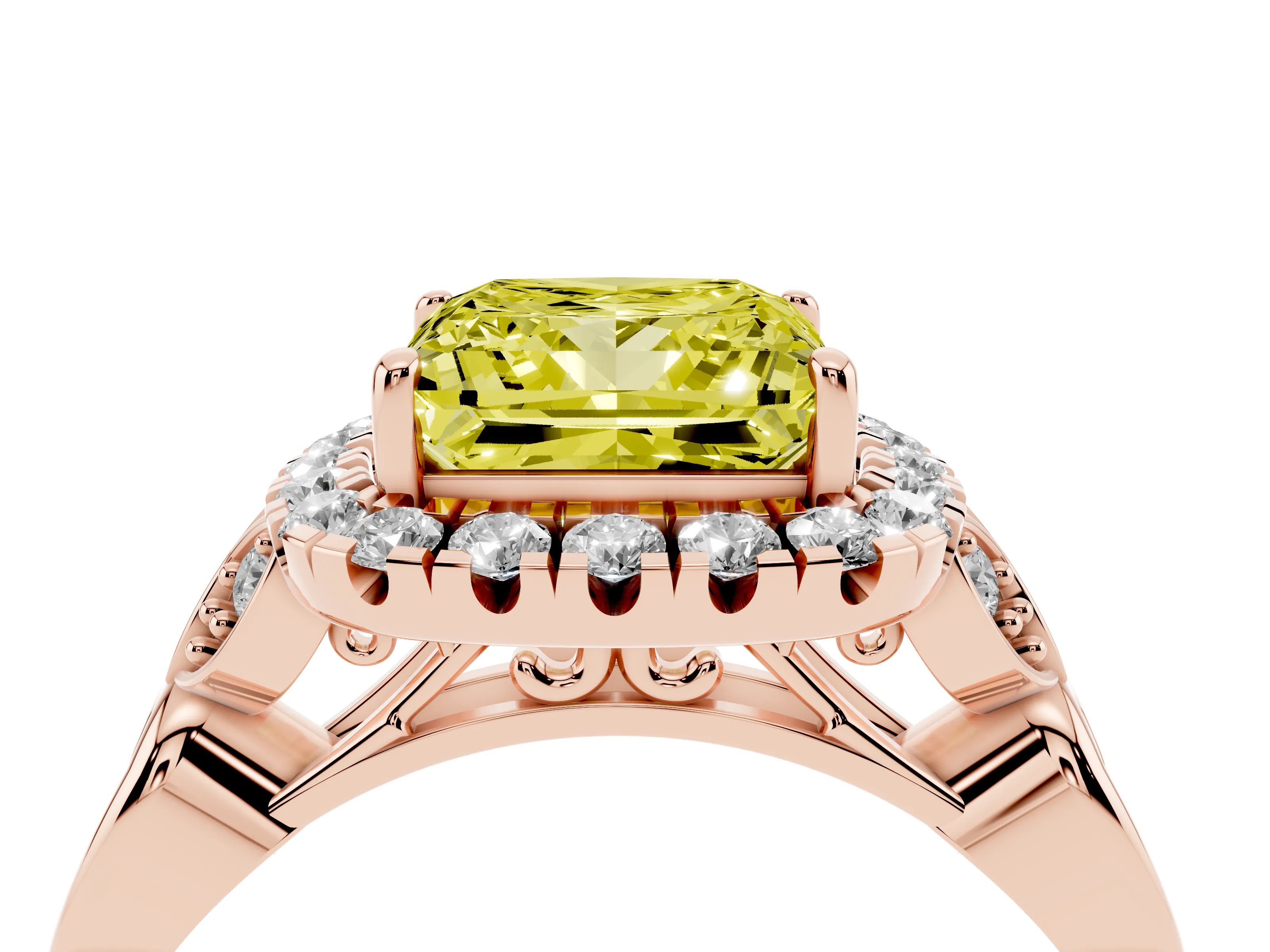 Fancy Yellow Princess Cut Diamond Halo Engagement Ring Set in Rose gold with Vintage-Inspired Band and Prong Setting