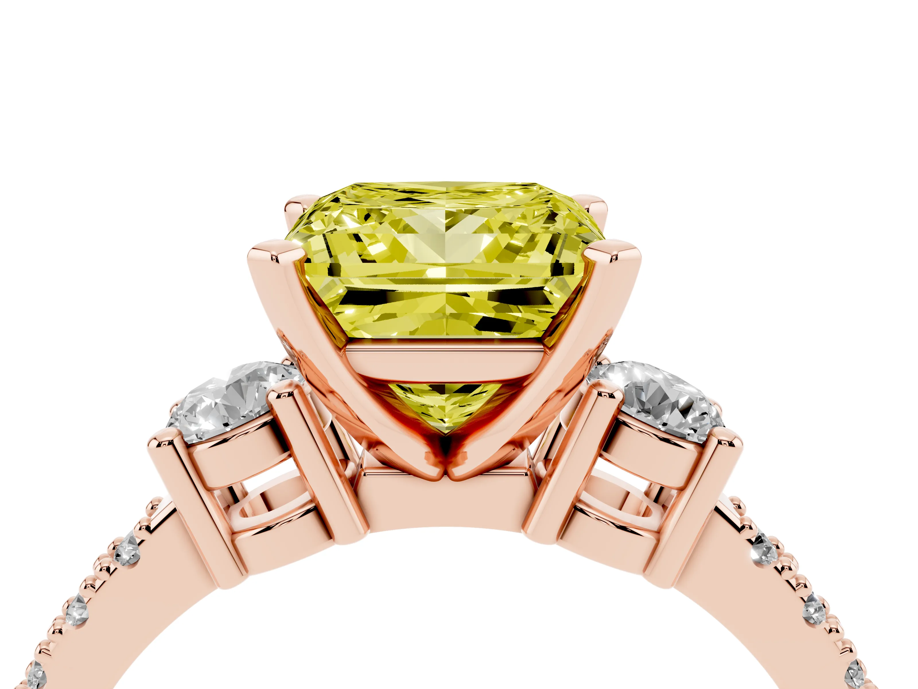 Fancy Yellow Three-Stone Princess Cut Diamond Pavé Band Ring Set in Rose gold with Prong Setting