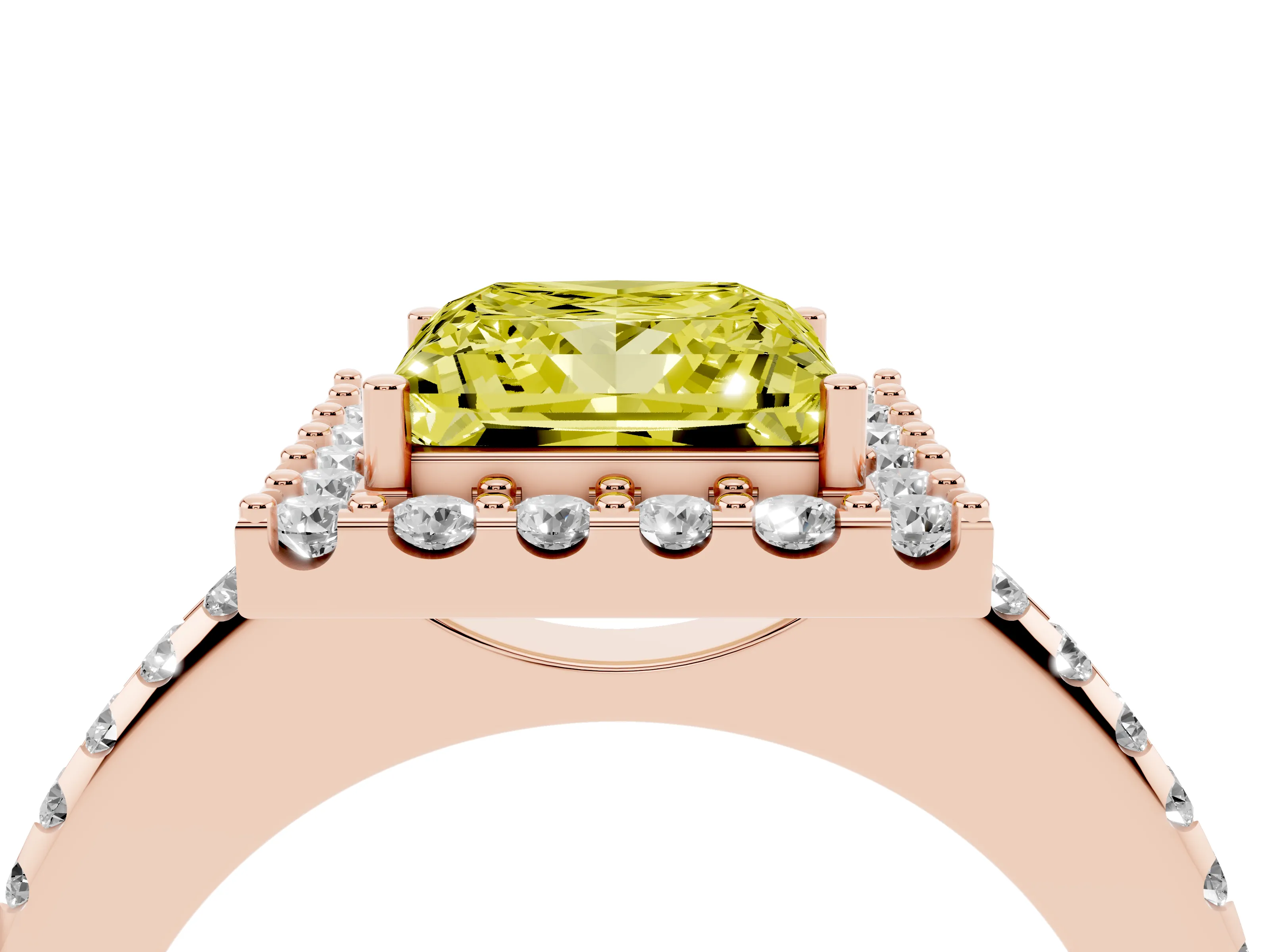 Fancy Yellow Princess Cut Diamond Pavé Halo Ring Set in Rose gold with Prong Setting