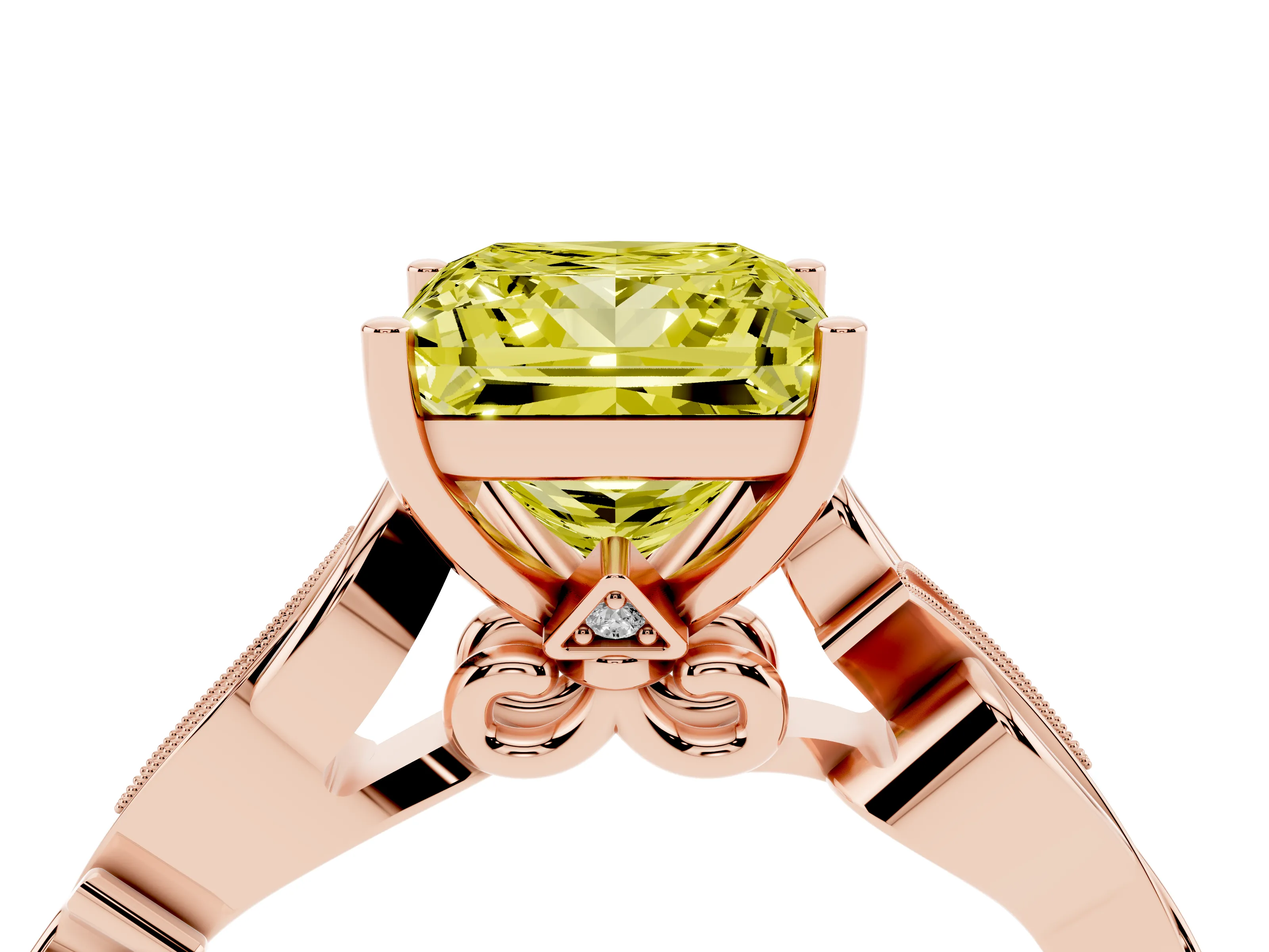 Fancy Yellow Princess Cut Diamond Vine Band Solitaire Ring Set in Rose gold with Milgrain Prong Setting