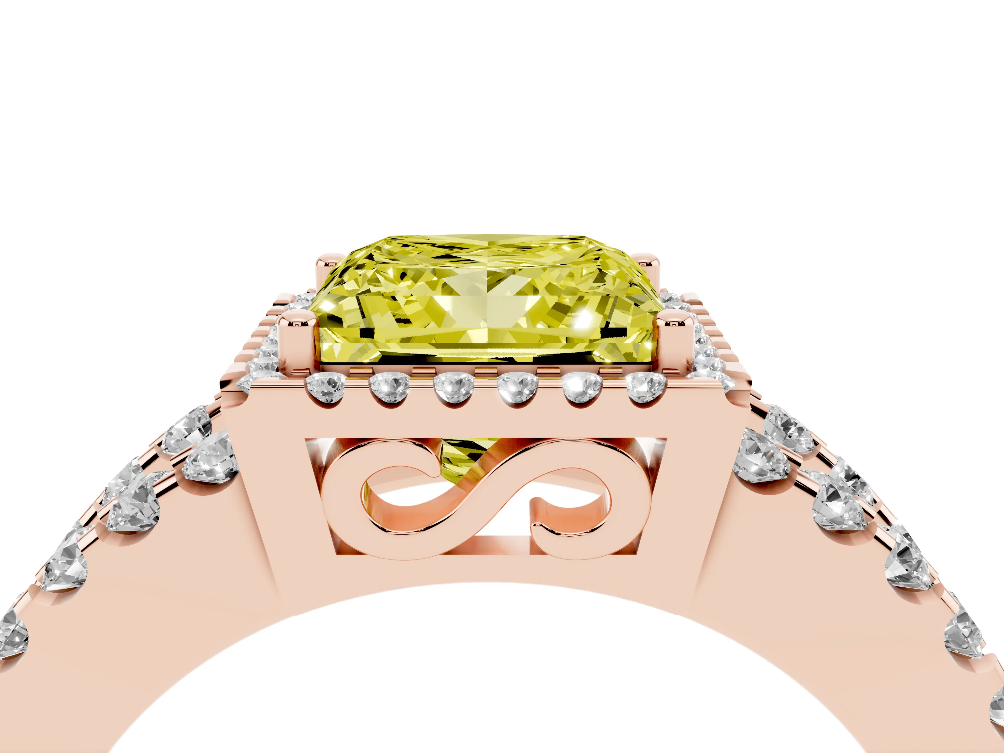 Fancy Yellow Princess Cut Diamond Halo Ring Set in Rose gold with Pavé Split Shank and Prong Setting