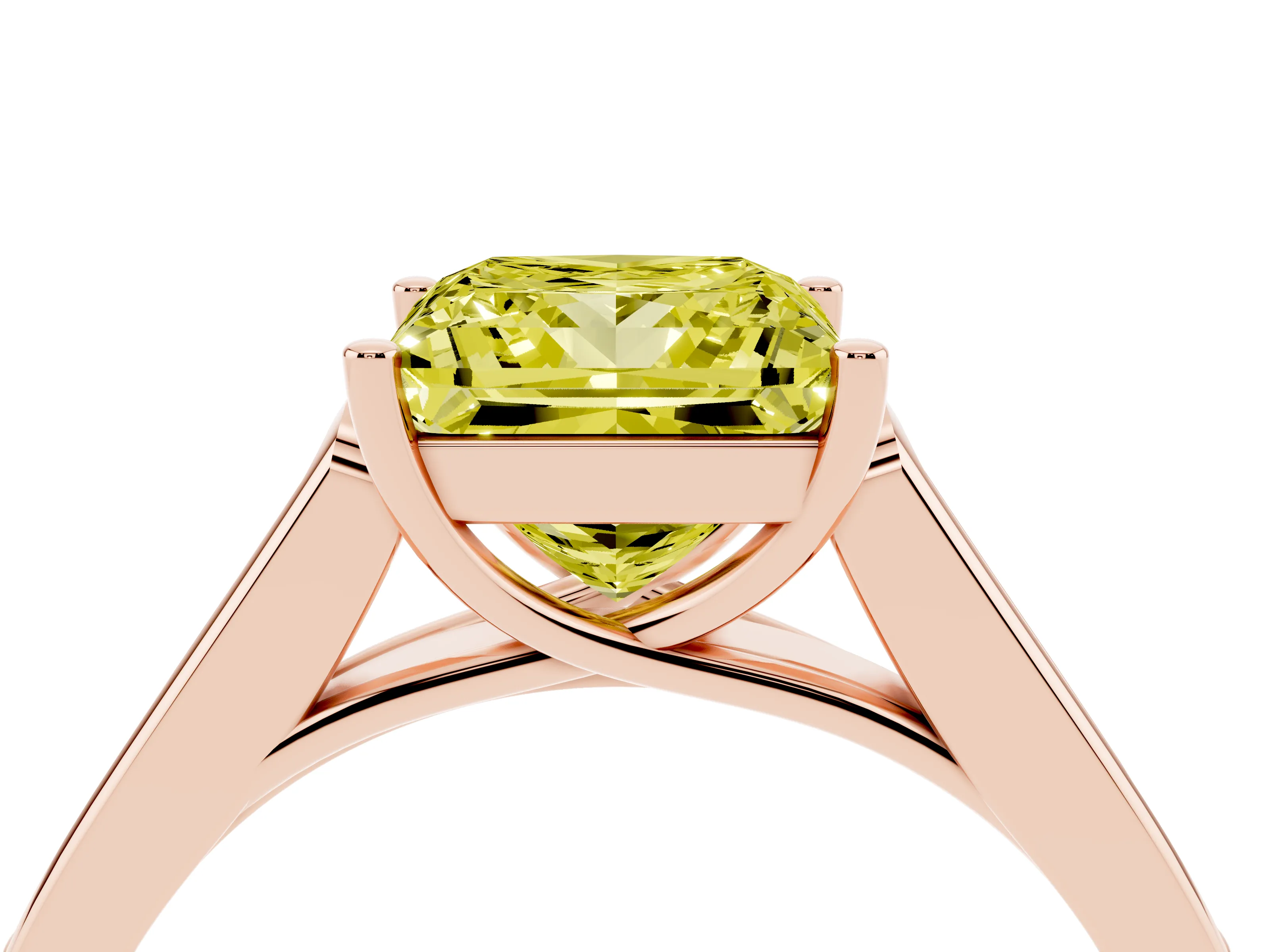 Fancy Yellow Princess Cut Diamond Solitaire Cathedral Engagement Ring Set in Rose gold with Channel-Set Band and Prong Setting