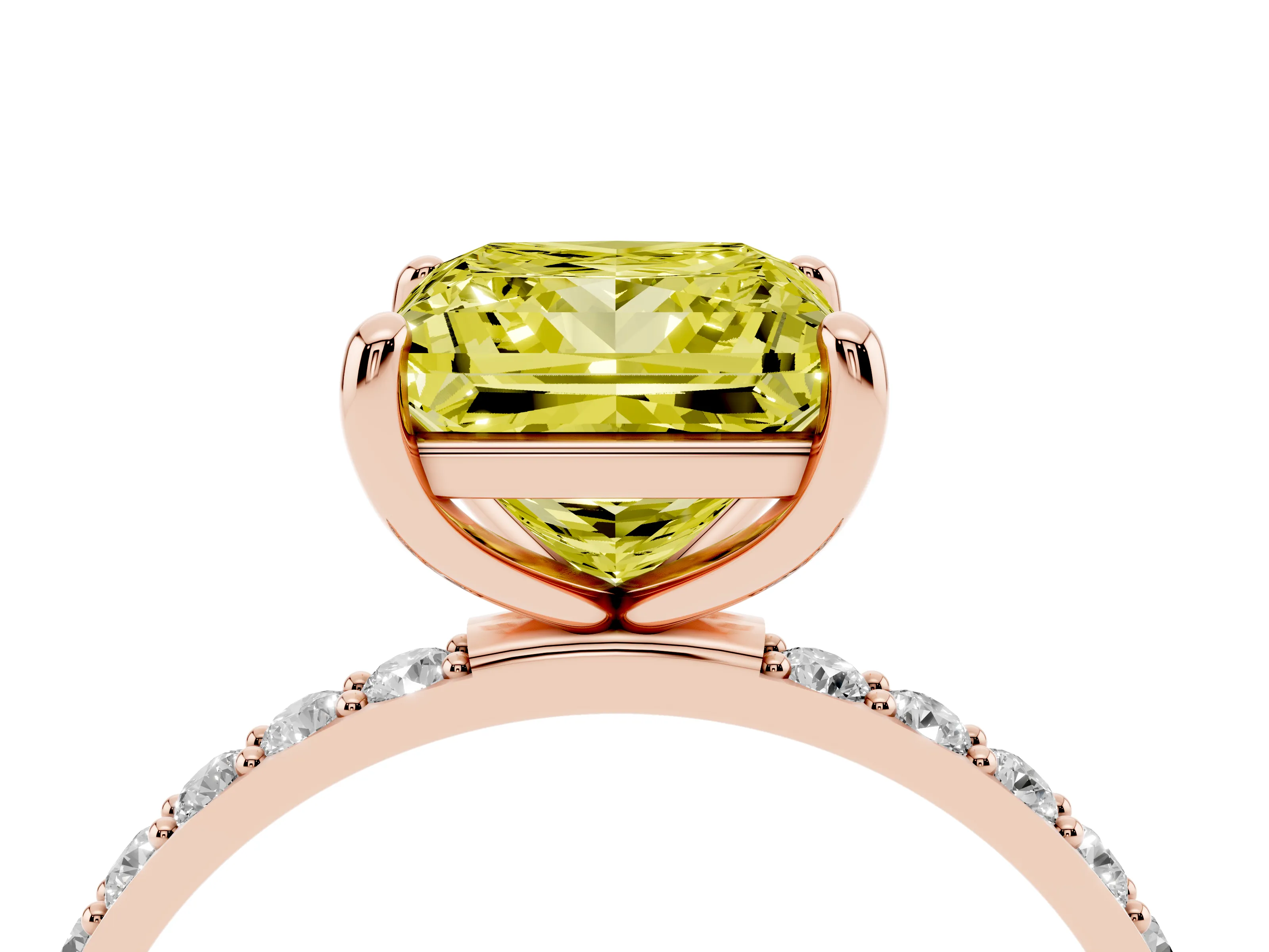 Fancy Yellow Princess Cut Diamond Solitaire Ring Set in Rose gold with Round Pavé Band and Prong Setting