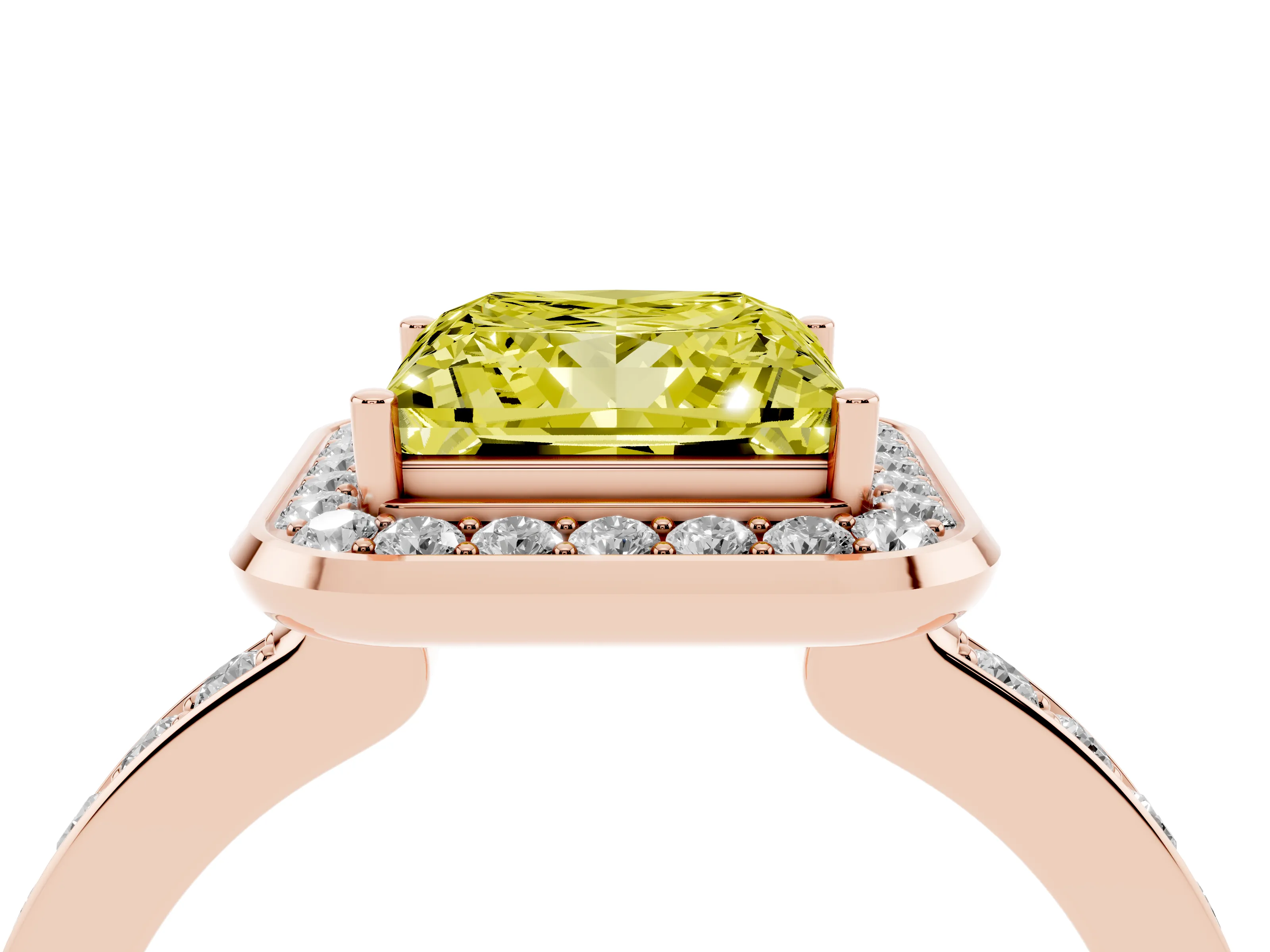 Fancy Yellow Princess Cut Diamond Halo Ring Set in Rose gold with Bezel Frame and Pavé Band