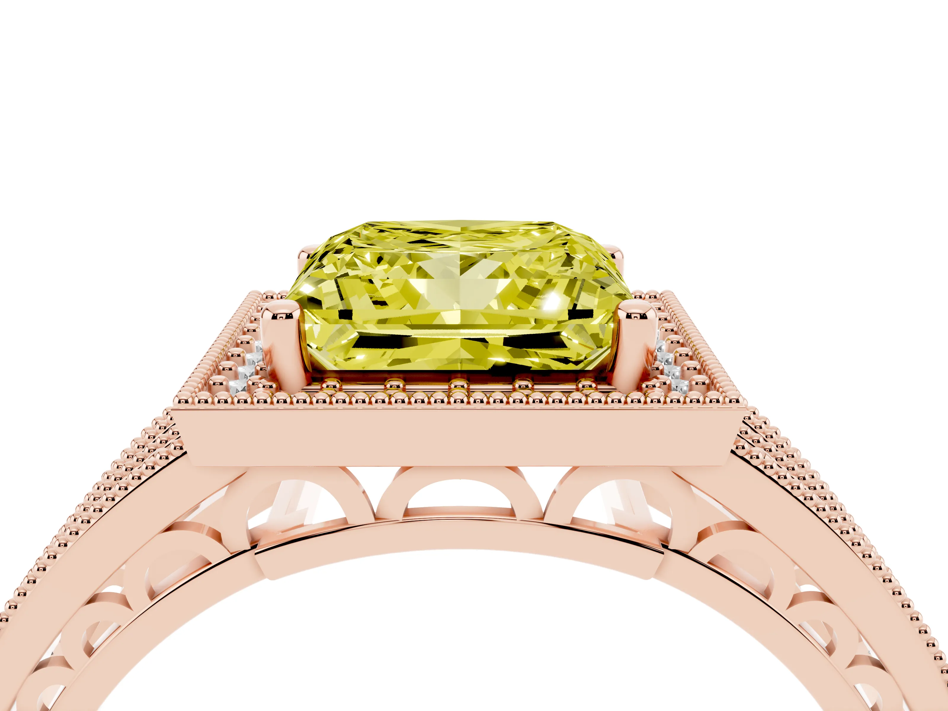 Fancy Yellow Princess Cut Diamond Halo Ring Set in Rose gold with Accent Split Shank and Prong Setting