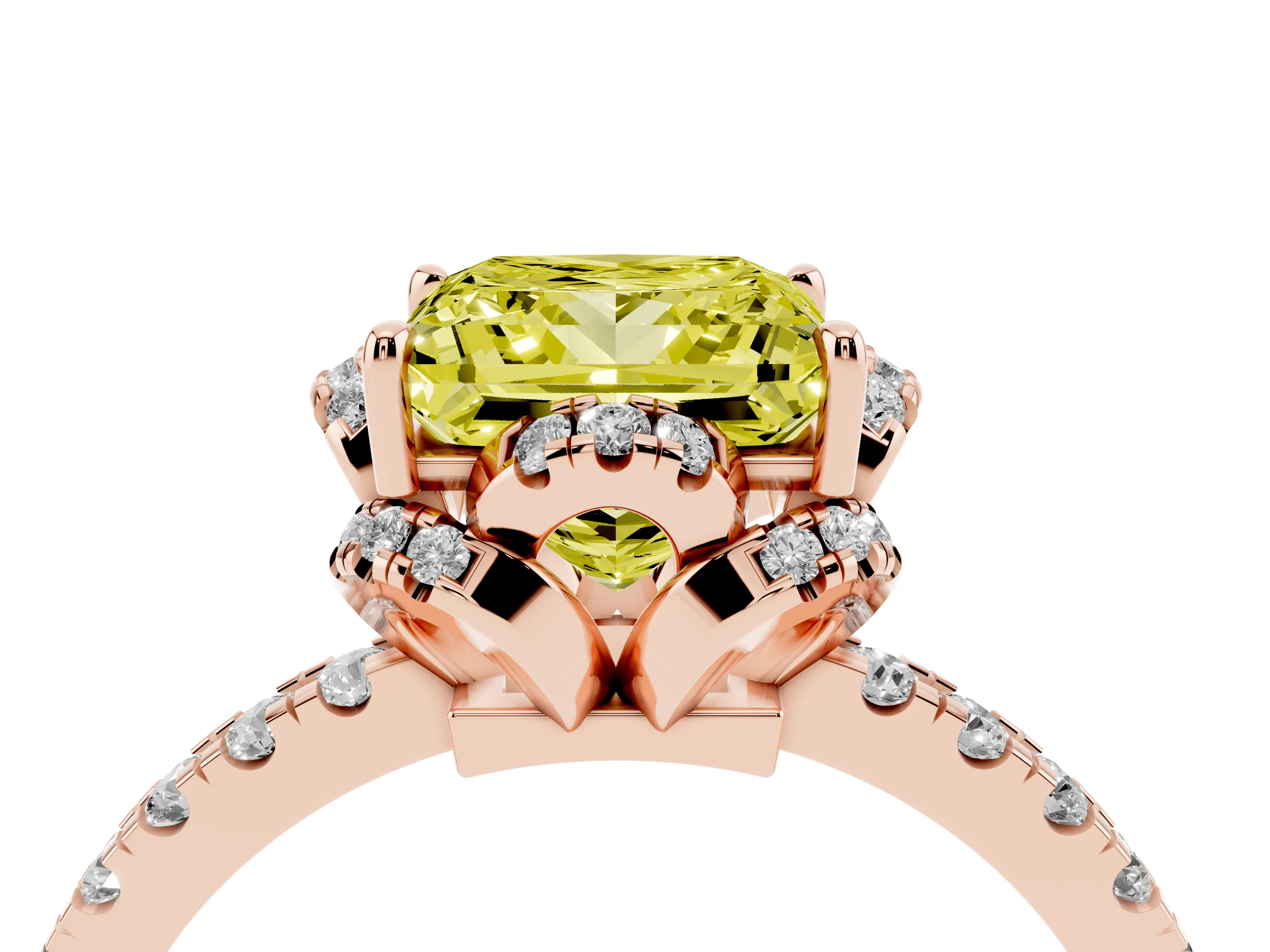 Fancy Yellow Princess Cut Diamond Halo Pavé Band Ring Set in Rose gold with Prong-Held Center