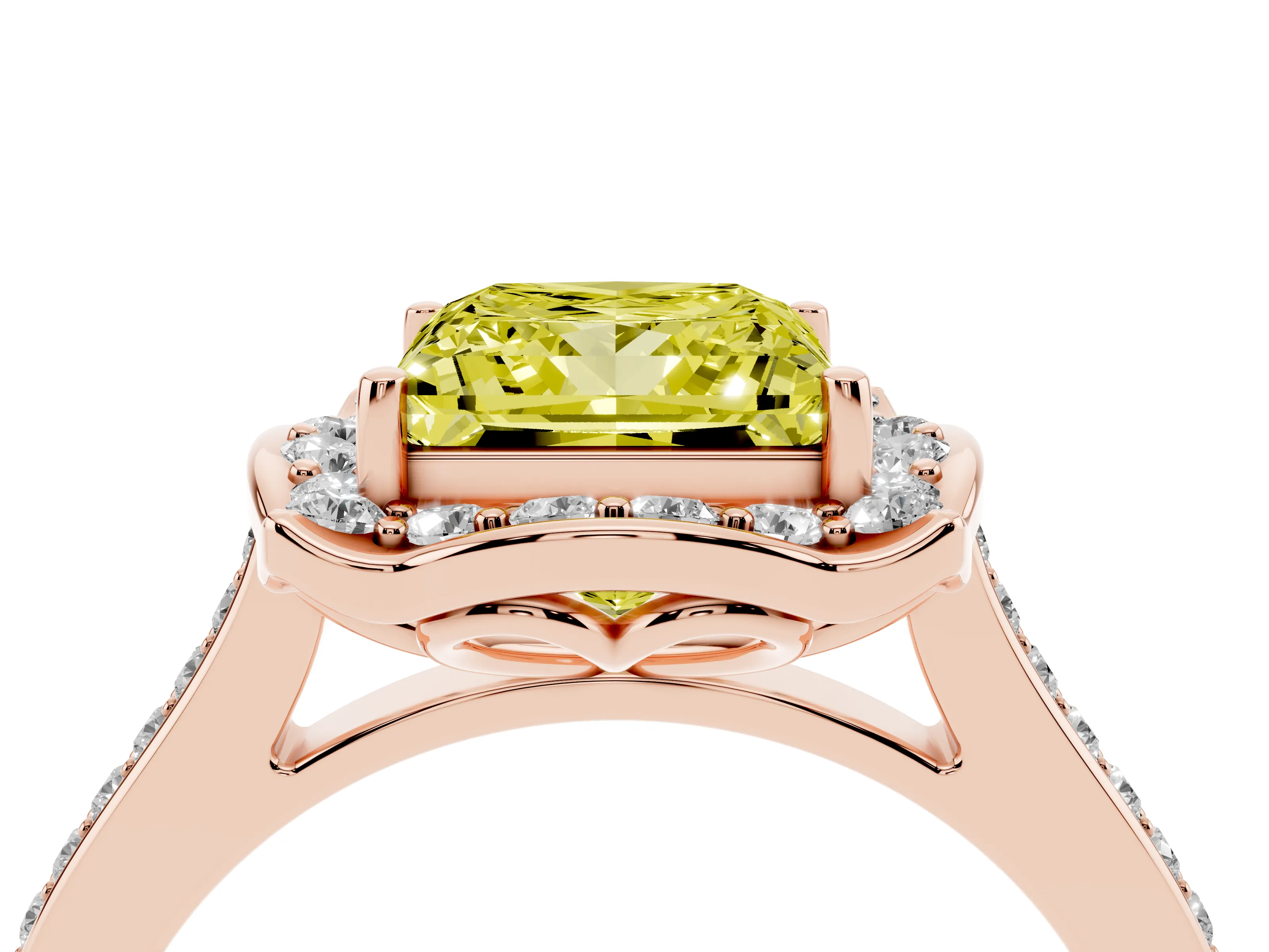 Fancy Yellow Princess Cut Diamond Halo Ring Set in Rose gold with Pavé-Lined Shoulders and Prong Setting