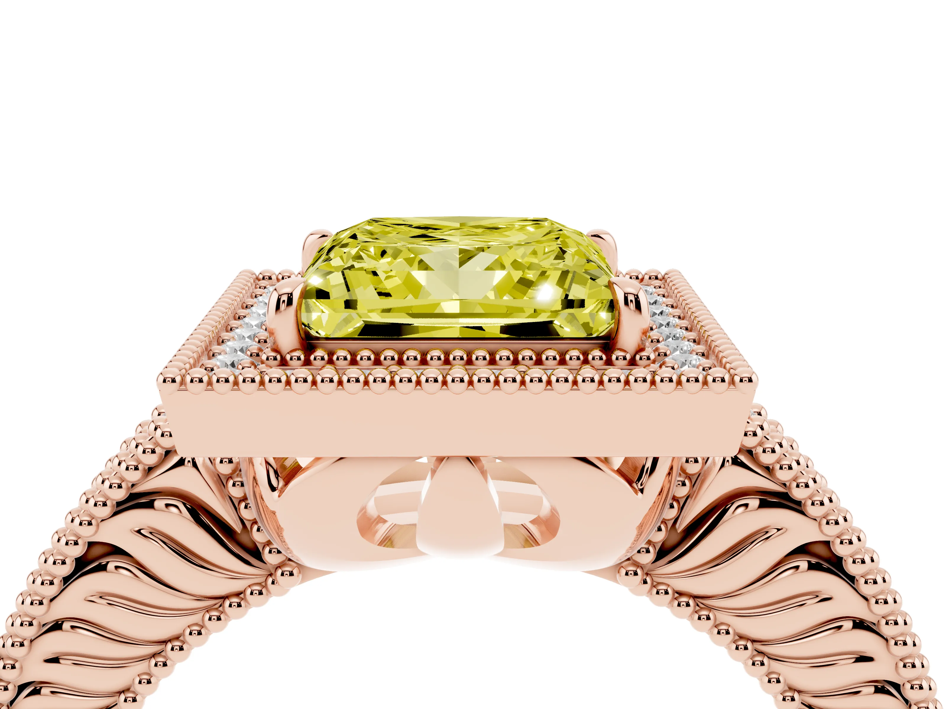 Fancy Yellow Princess Cut Diamond Halo Ring Set in Rose gold with Round Accent Halo, Pavé Band and Prong Setting