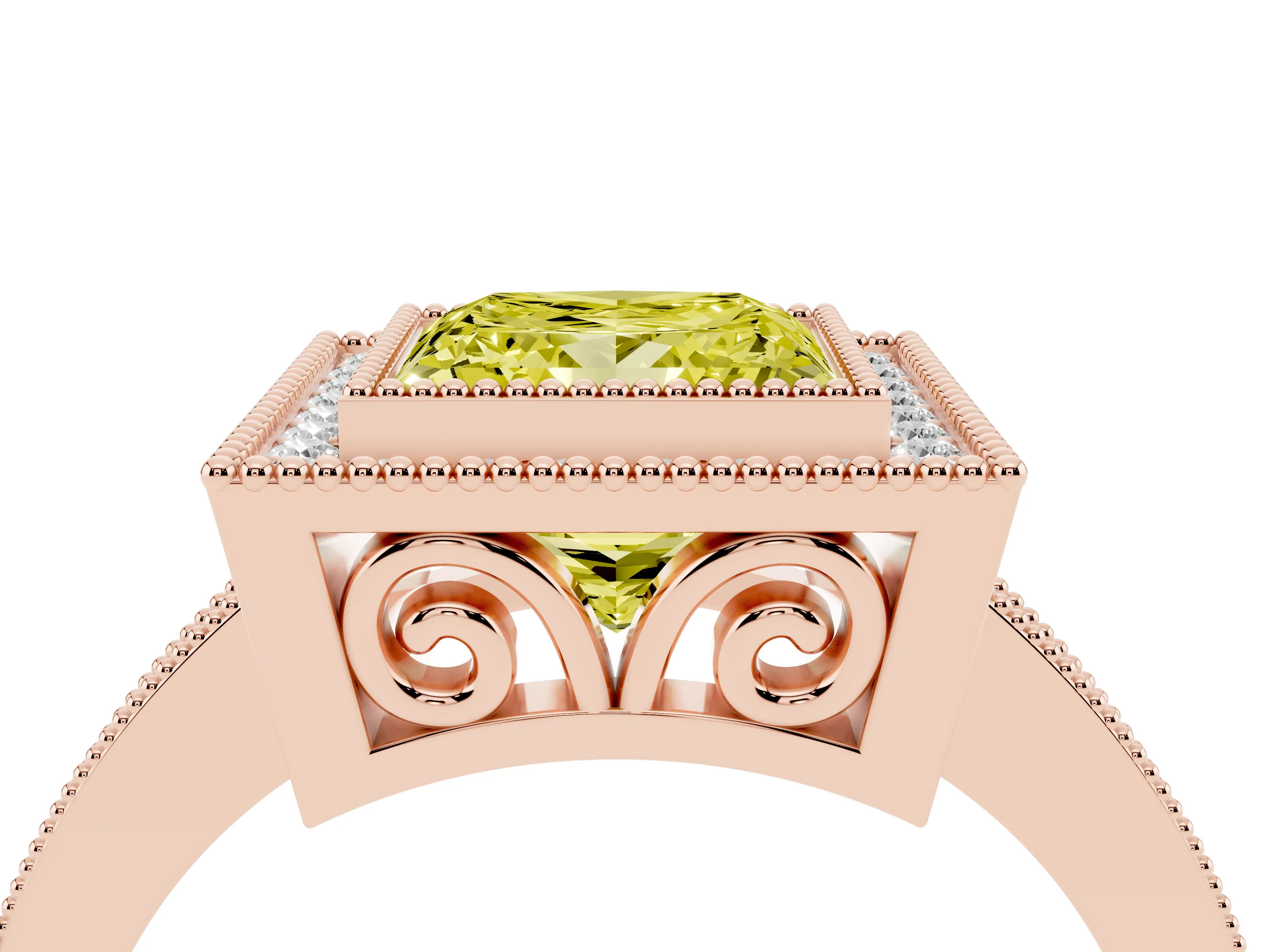 Fancy Yellow Princess Cut Diamond Halo Ring Set in Rose gold with Pavé Band and Milgrain-Edged Prongs