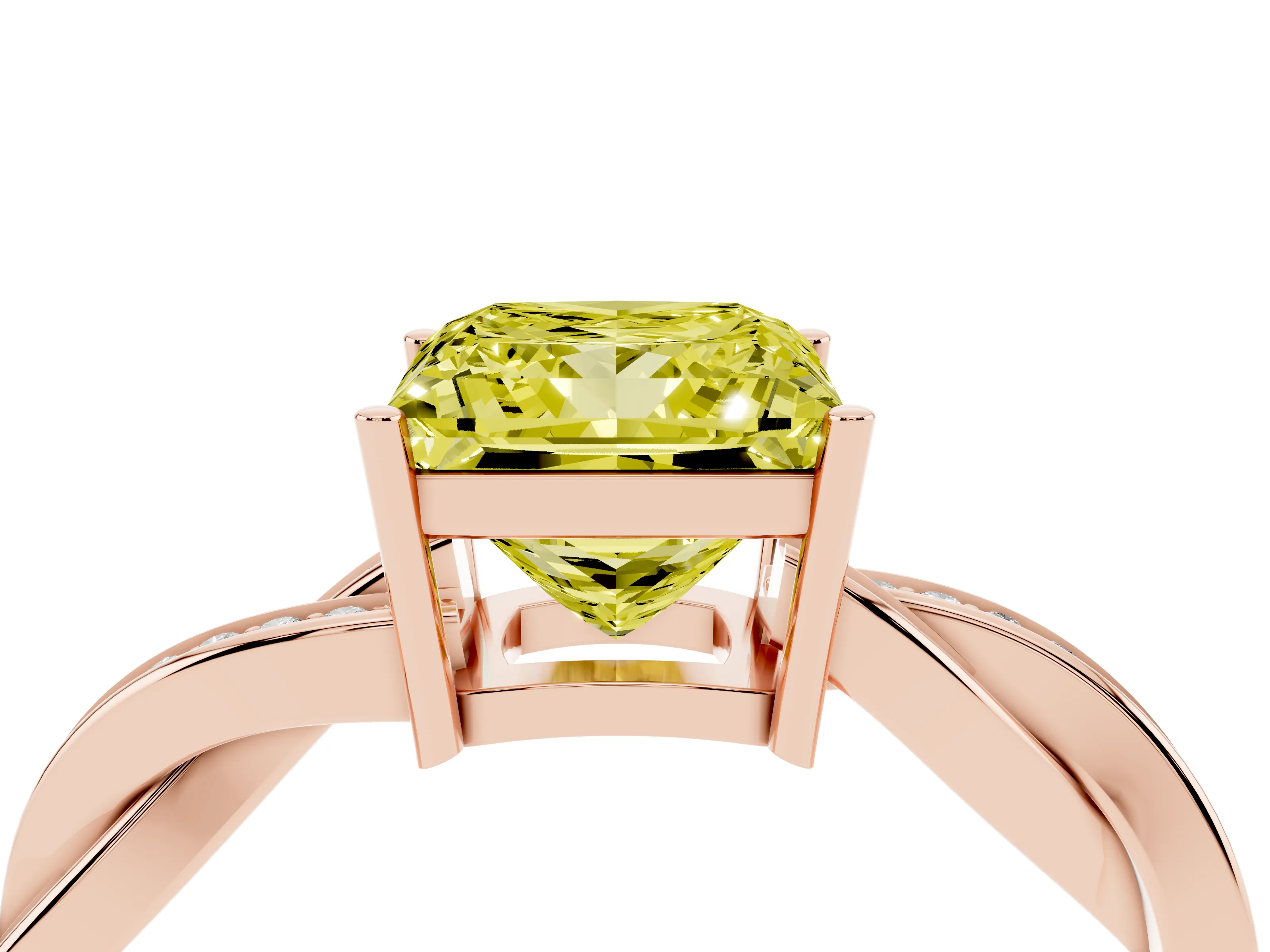 Fancy Yellow Princess Cut Diamond Solitaire Twisted Pavé Ring Set in Rose gold with Prong Setting