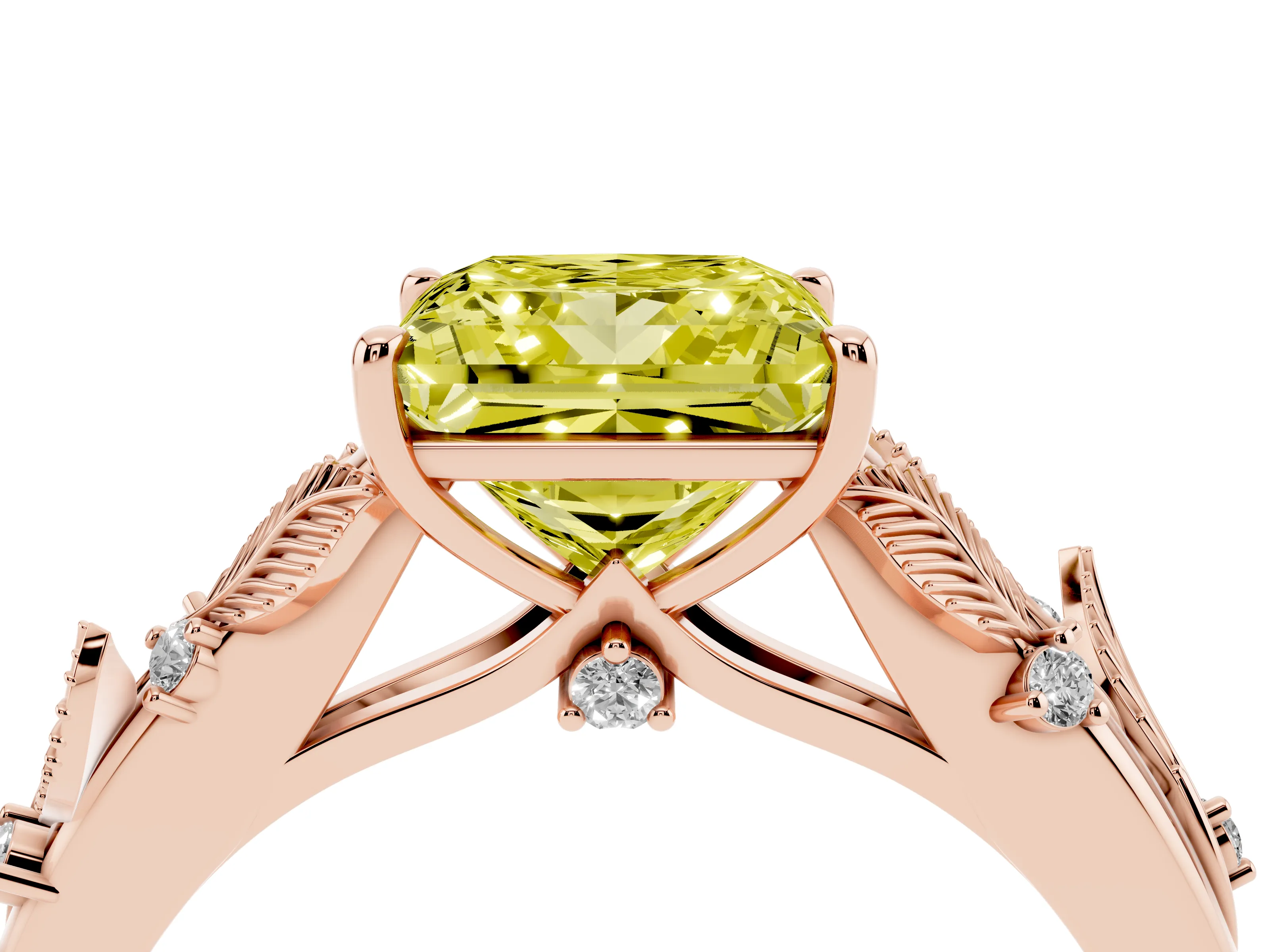 Fancy Yellow Princess Cut Diamond Solitaire Ring Set in Rose gold with Leaf Motif Band