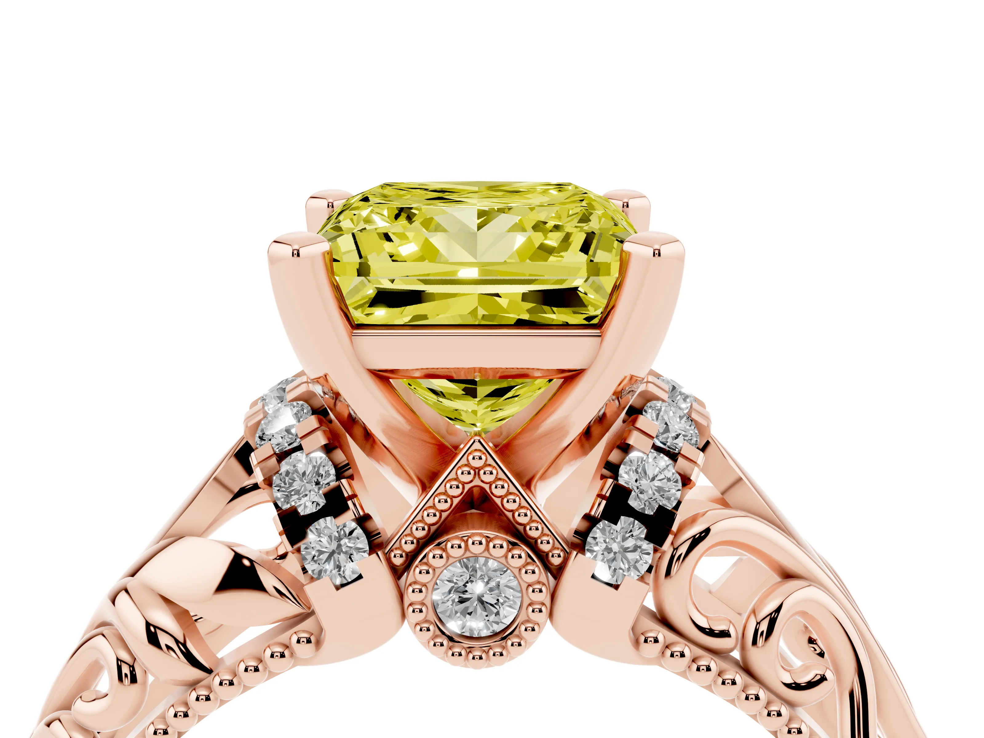 Fancy Yellow Princess Cut Diamond Filigree Halo Engagement Ring Set in Rose gold with Prong Setting